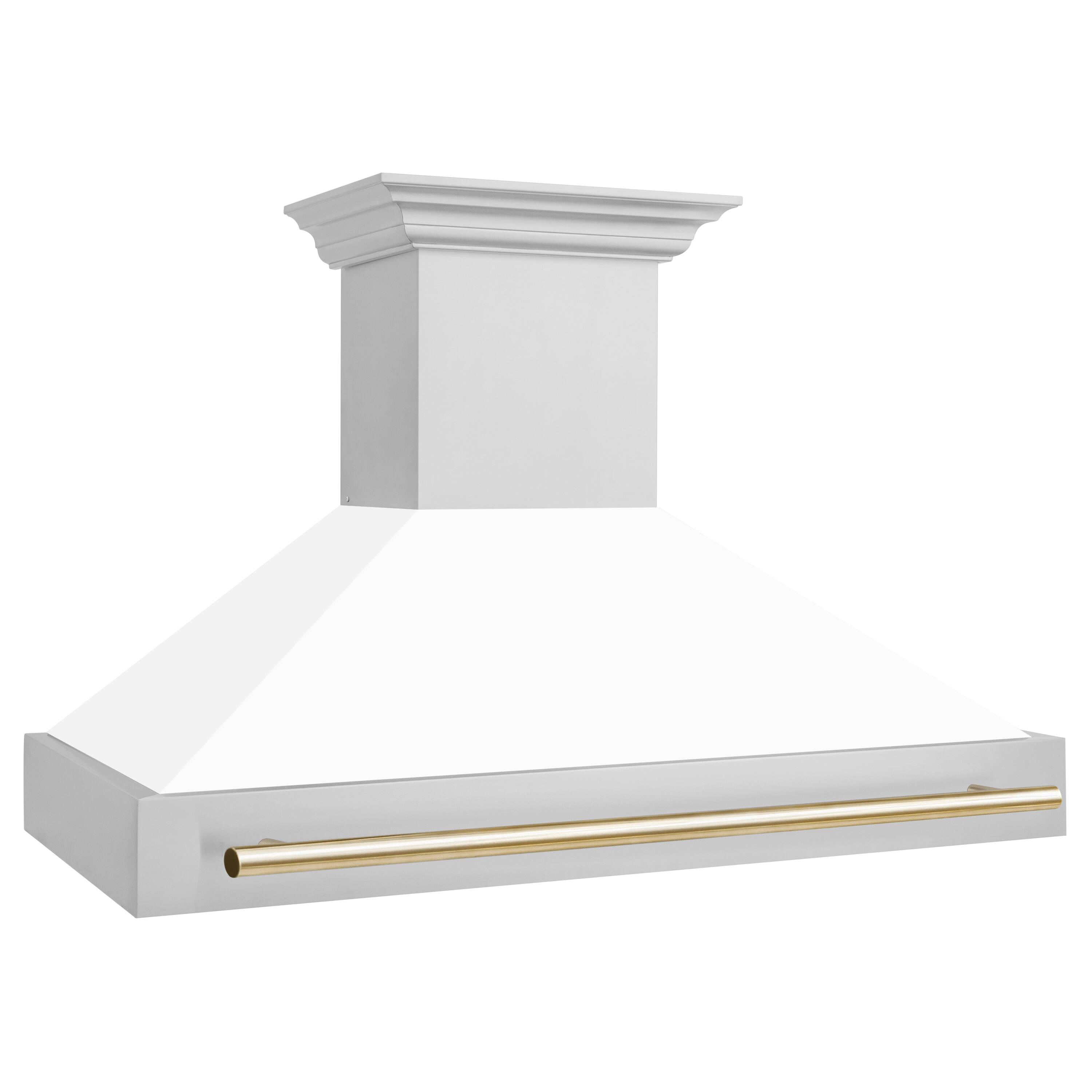 Angle. ZLINE - ZLINE Autograph Edition 48 in. Stainless Steel Range Hood with White Matte Shell and Polished Gold Handle - Stainless Steel.