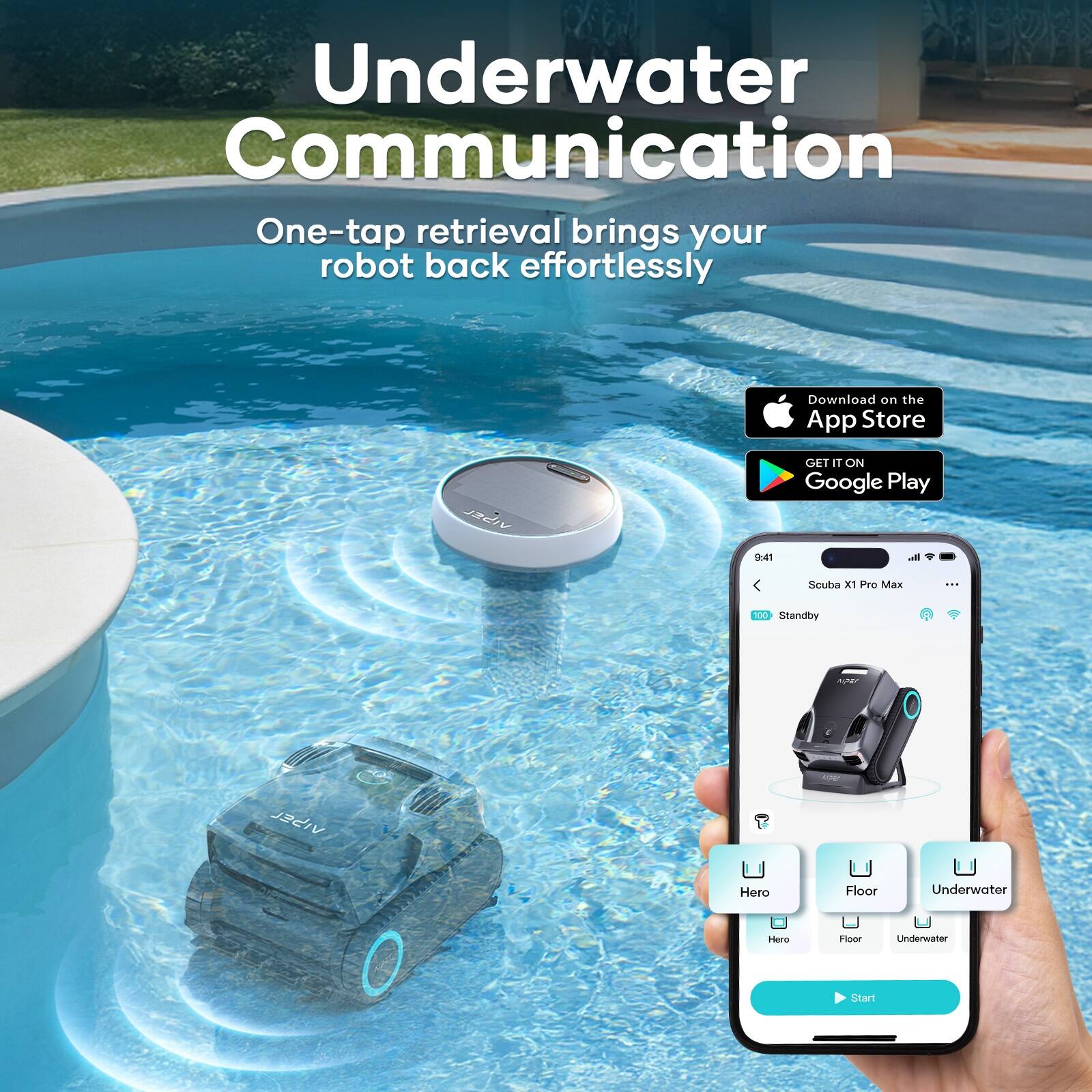 Underwater Communication: One-tap retrieval brings your robot back effortlessly. Download on the App Store and Google Play.