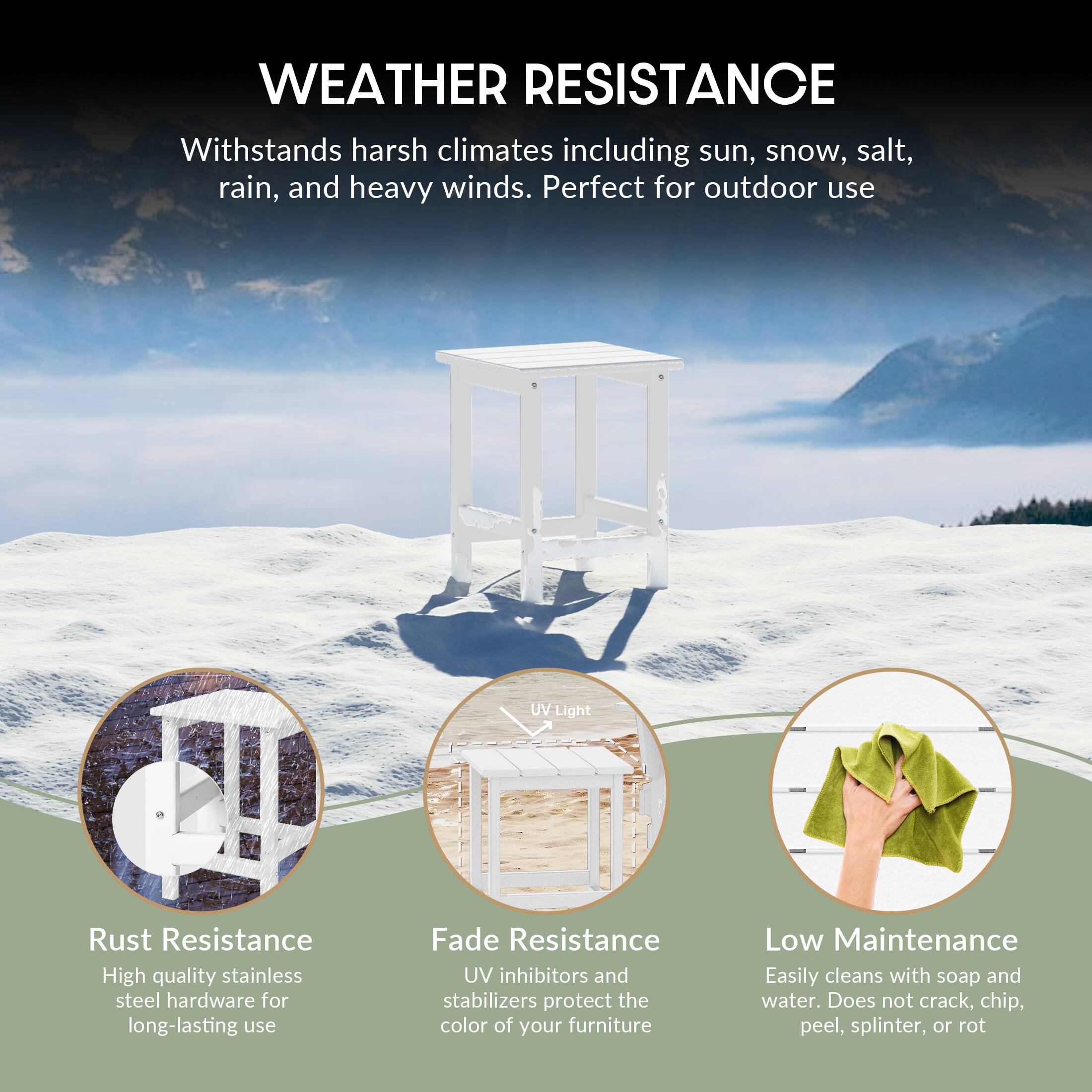 WEATHER RESISTANCE  
Withstands harsh climates including sun, snow, salt, rain, and heavy winds. Perfect for outdoor use.

Rust Resistance  
High quality stainless steel hardware for long-lasting use.

Fade Resistance  
UV inhibitors and stabilizers protect the color of your furniture.

Low Maintenance  
Easily cleans with soap and water. Does not crack, chip, peel, splinter, or rot.
