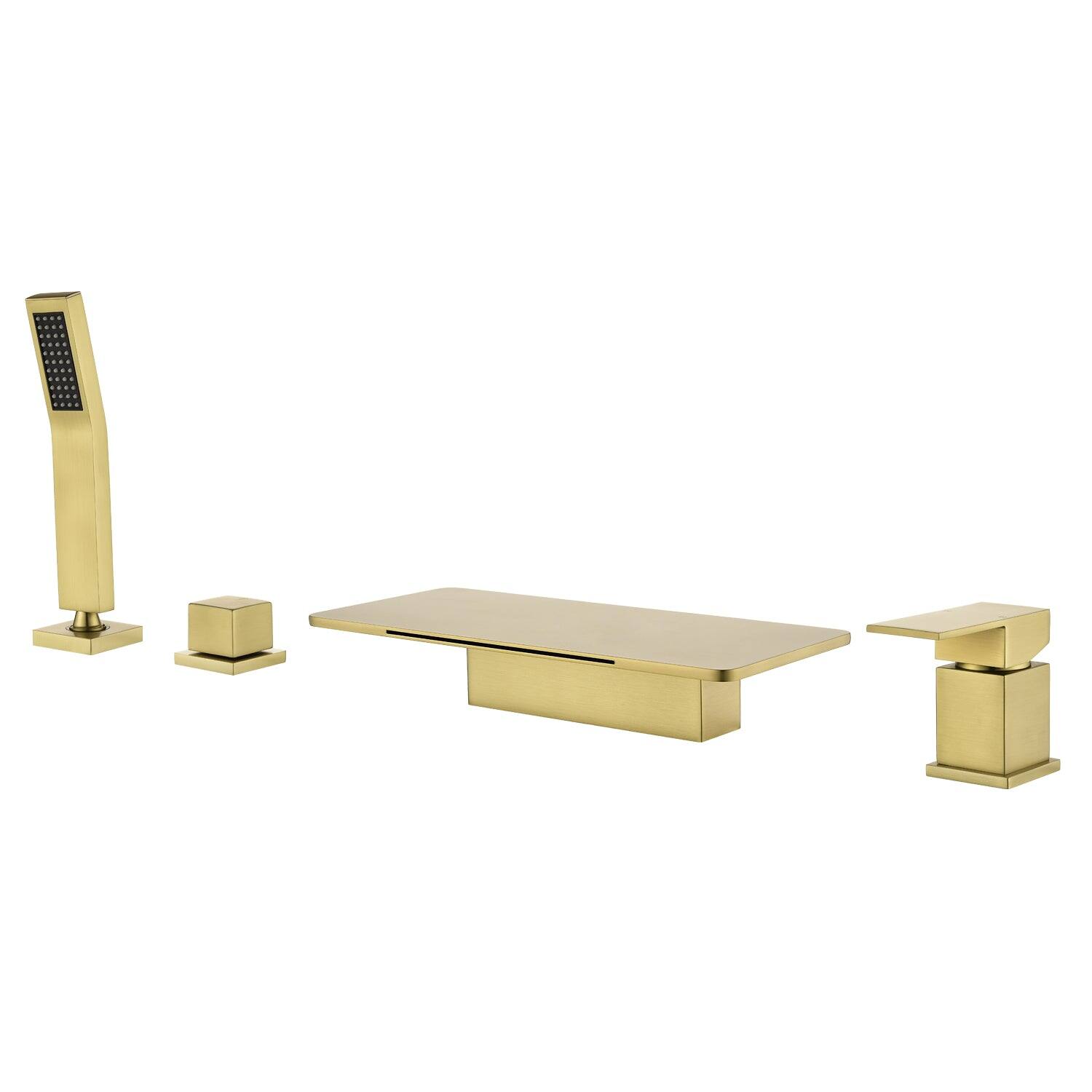 Alt View 1. Boyel Living - 11.2 in.W Brushed Gold Rectangle Bathtub Faucet Hot Cold Control Waterfall Spout Handheld Shower High Capacity - Brushed Gold.