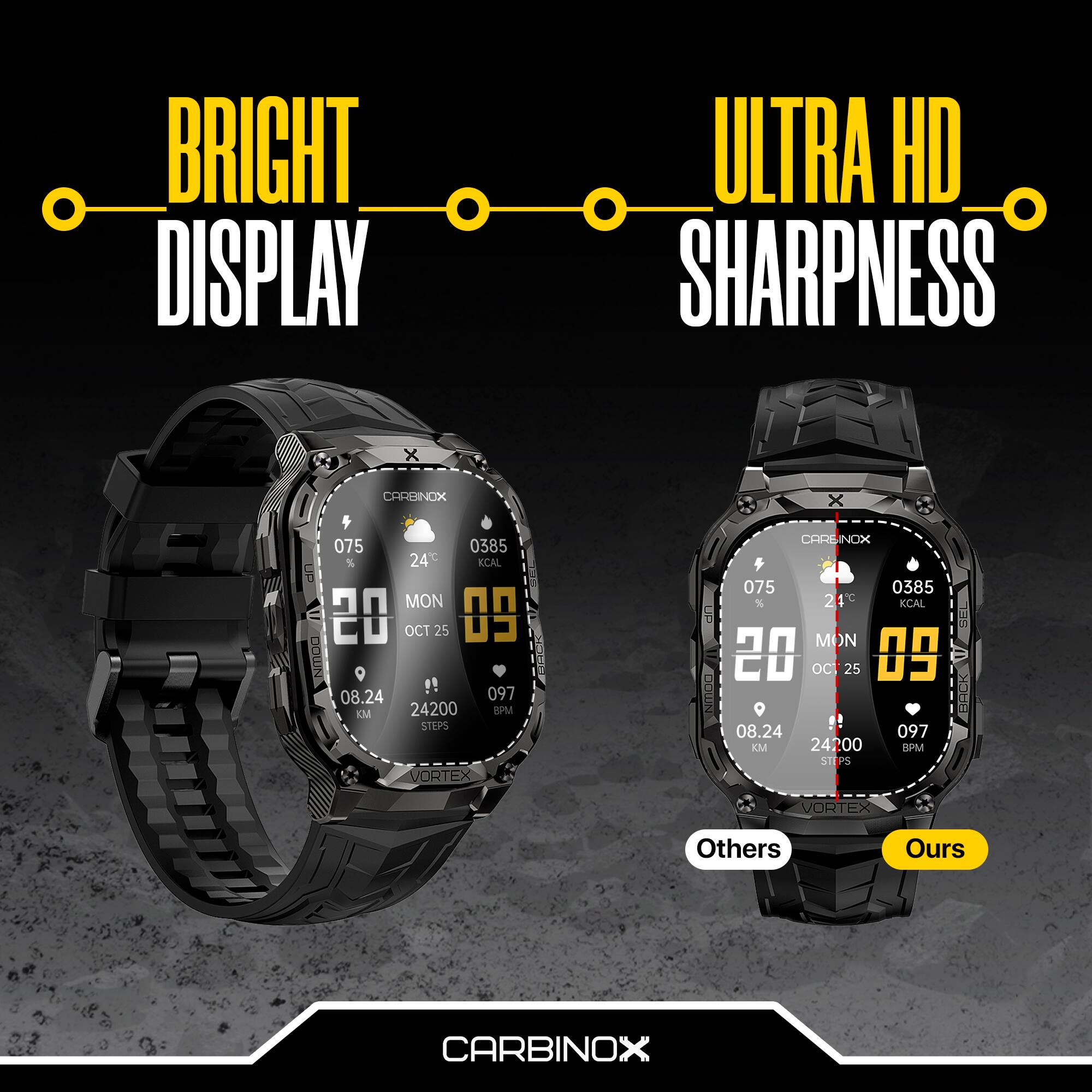 BRIGHT DISPLAY ULTRA HD SHARPNESS  
CARBINOX  
075 0385 % 24 KCAL UP MON 20 OCT 25 5 NMDO ERALL !! 097 08.24 M 24200 IM STEPS VORTEX  
Others  
CARBINOX  
075 0385 % 21c KCAL MON 20 OC25 09 BOCK !! 08.24 097 KM 24200 BPM STEPS VORTEX  
Ours  
CARBINOX