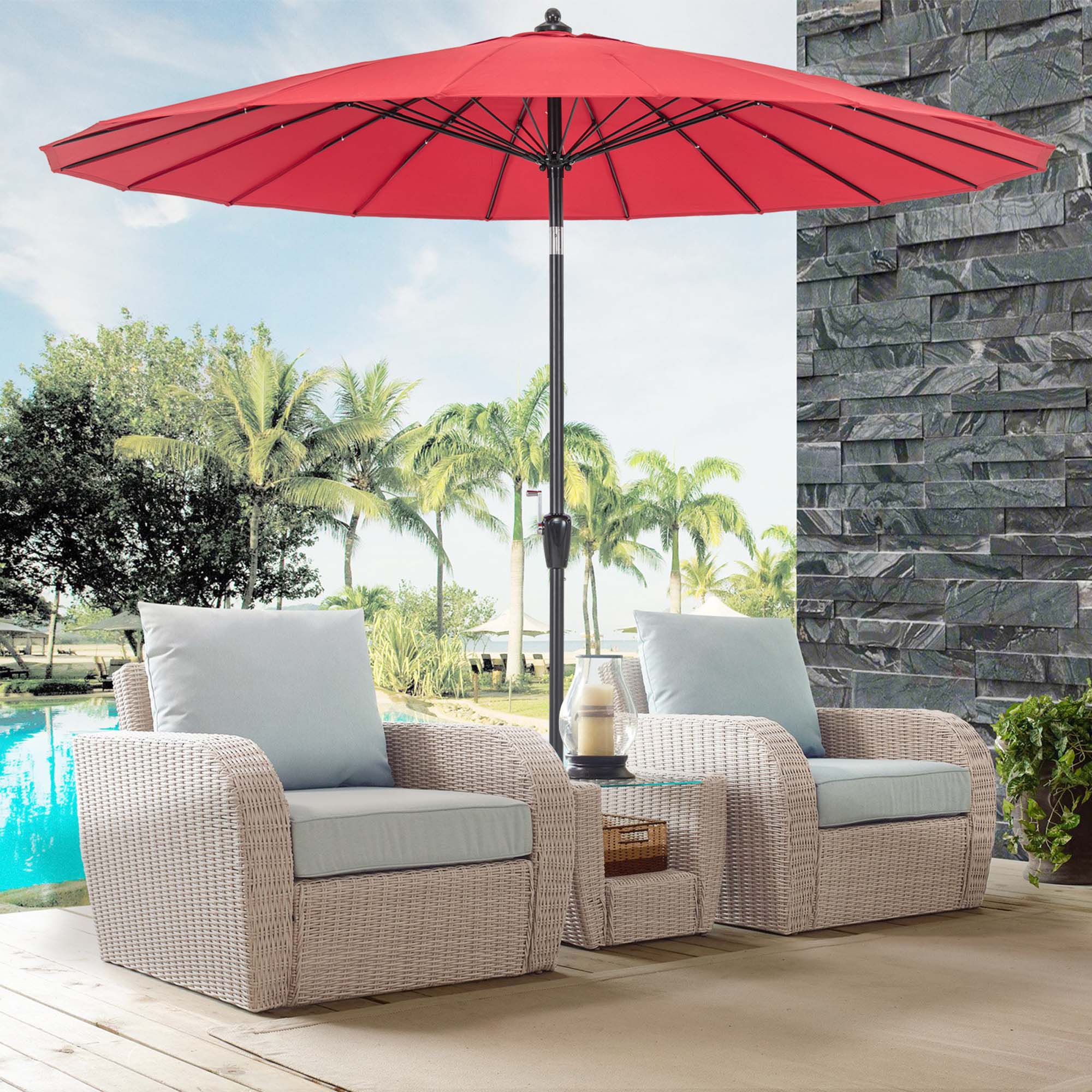 Alt View 1. Costway - 9 FT Patio Round Market Umbrella with Push Button Tilt, Crank Handle, Vented Top - Wine.