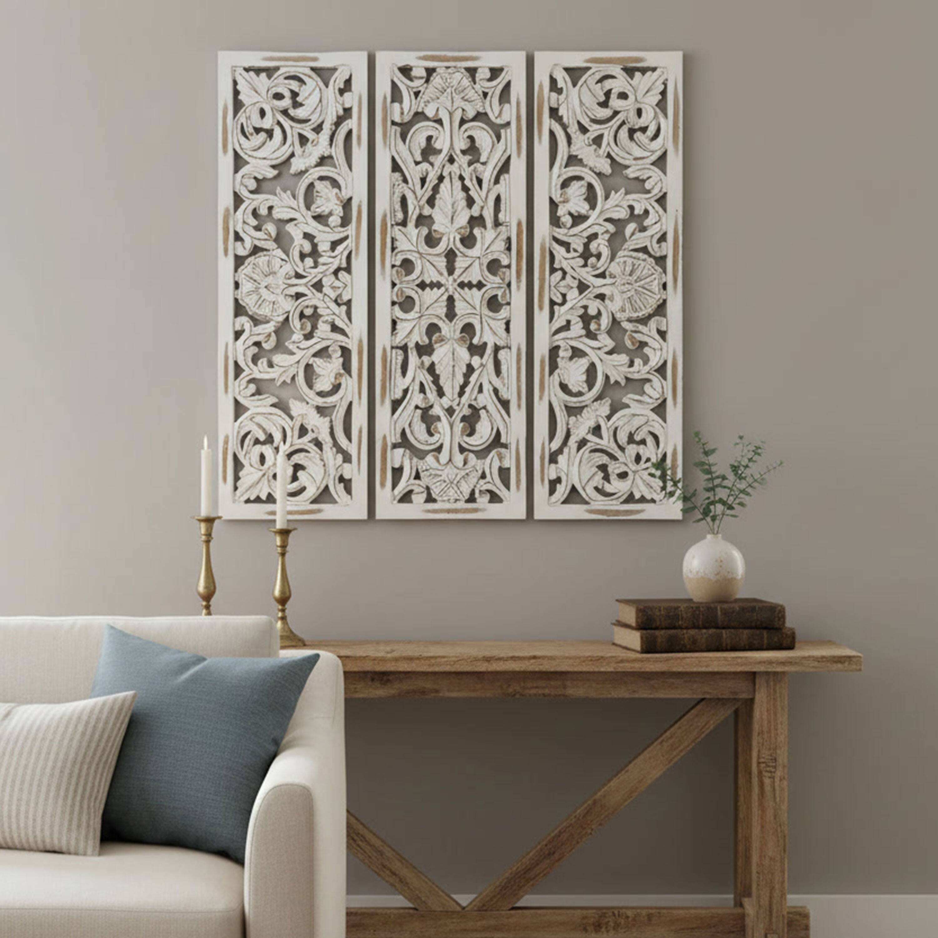 Alt View 9. Manhattan Lane - Leva 3pc Wood Wall Decor Set, Moroccan Floral Carving, Antique White Finish, 36 Inch Square - Antique White.