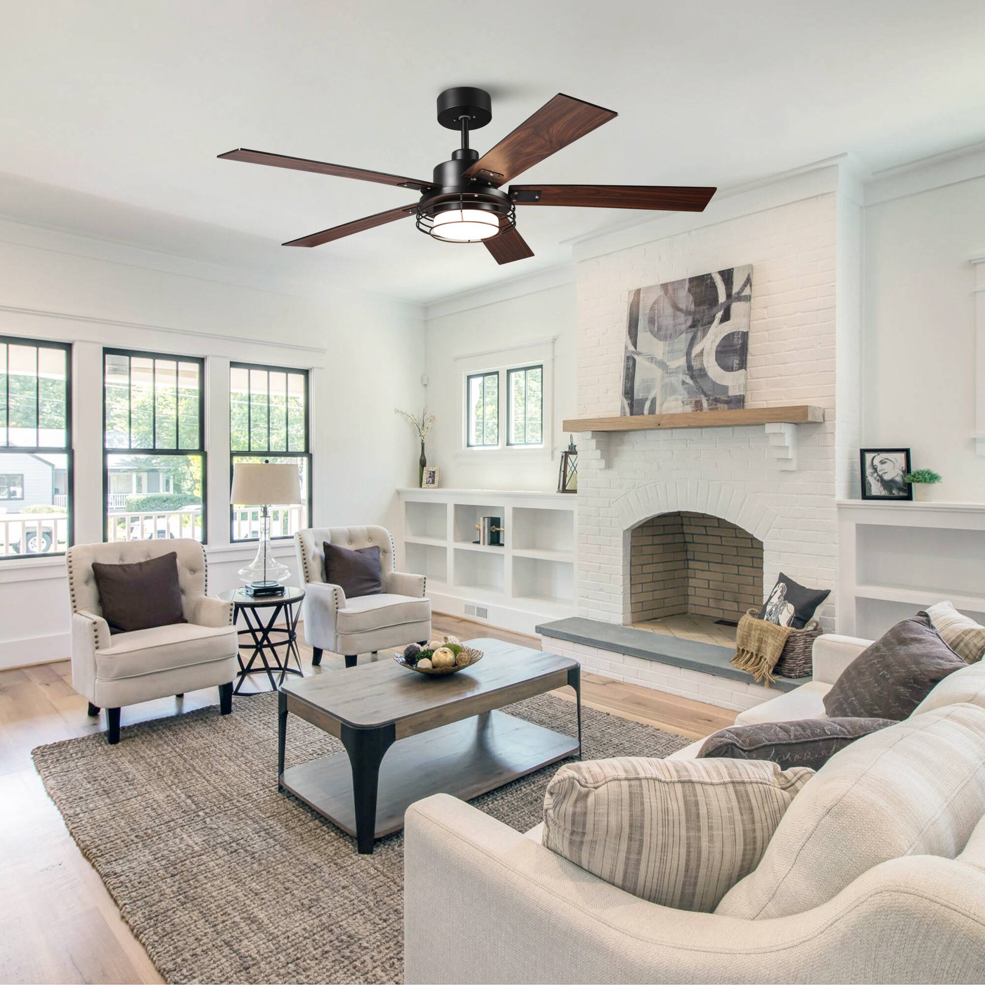 Left. Parrot Uncle - 52" Industrial Black Metal Caged Ceiling Fan with Light and Remote - Black.