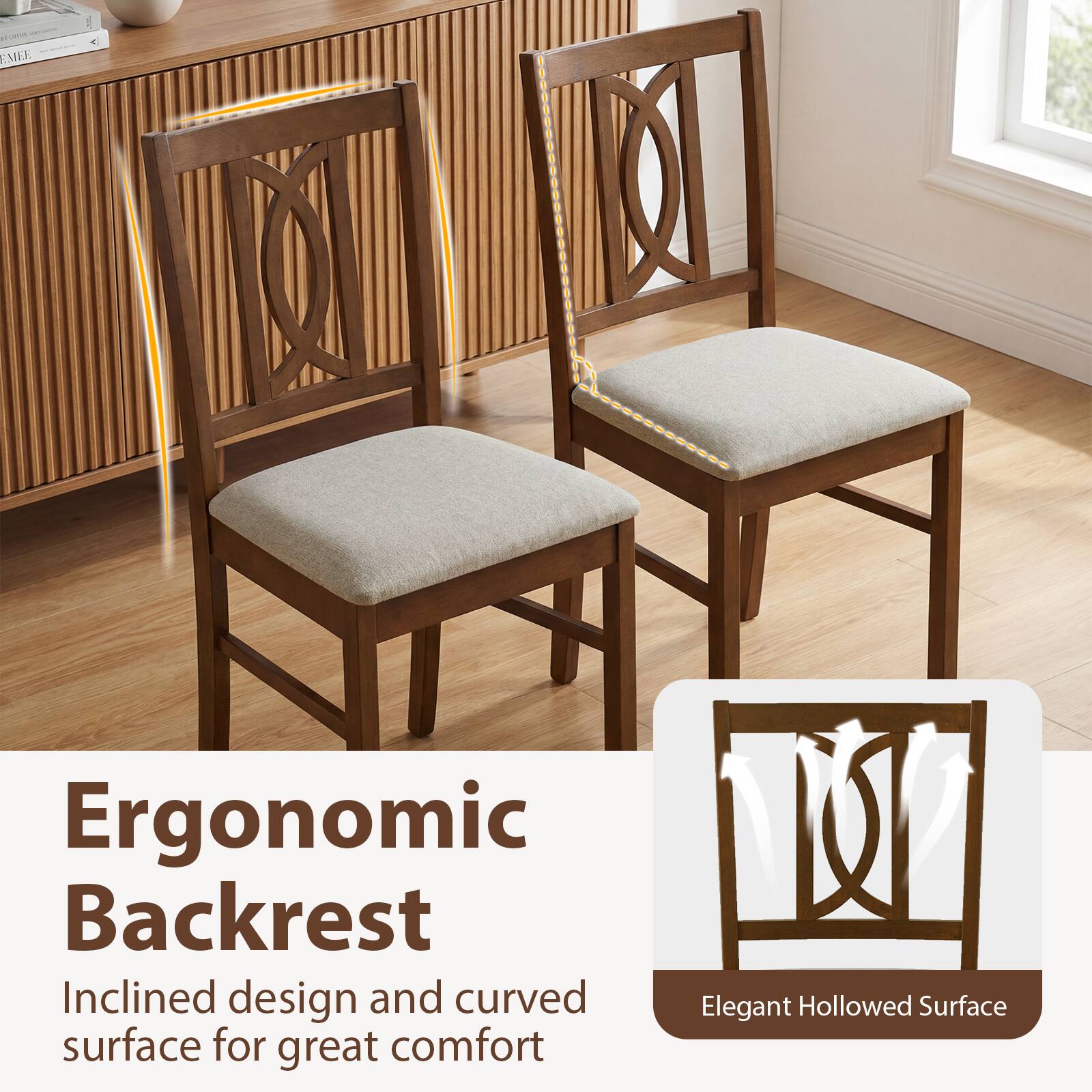 Ergonomic Backrest  
Inclined design and curved surface for great comfort  
Elegant Hollowed Surface