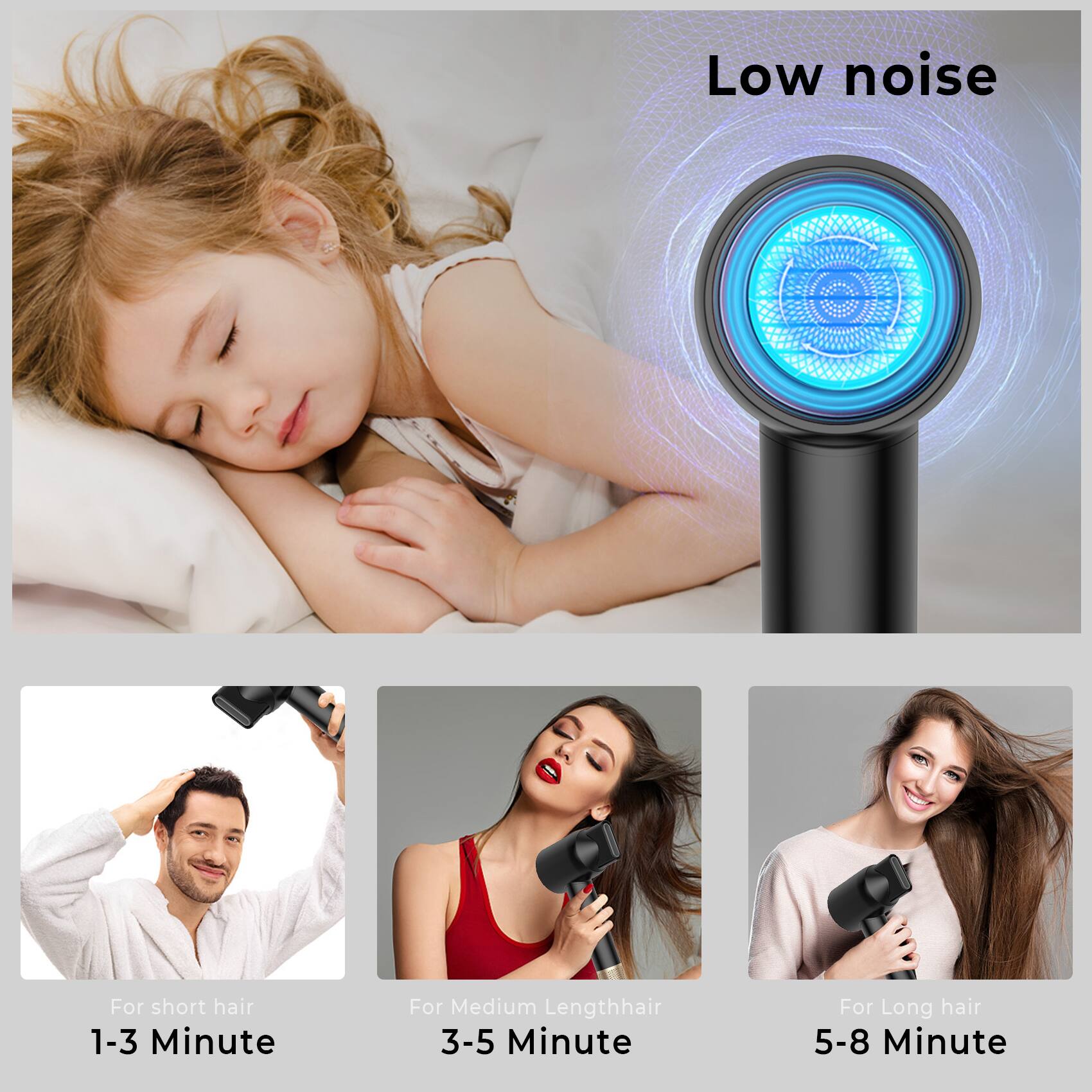 Low noise

For short hair  
1-3 Minute

For Medium Length hair  
3-5 Minute

For Long hair  
5-8 Minute