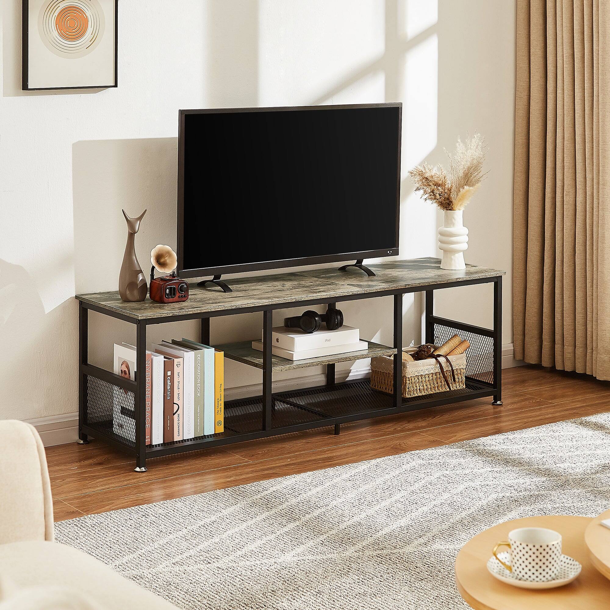 Vecelo - Industrial TV Stand with Power Outlets and USB Ports – Modern Open Shelf Media Console Table for Living Room - 55" Grey