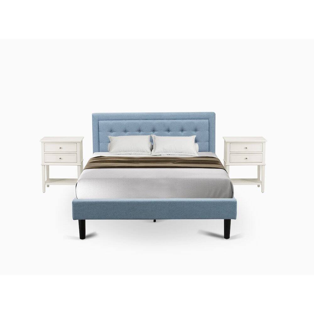 Alt View 2. East West Furniture - FN11Q-2VL0C 3-Piece Platform Wooden Set for Bedroom with 1 Queen Bedframe and 2 Modern Nightstands - Denim Blue Linen - Denim Blue.