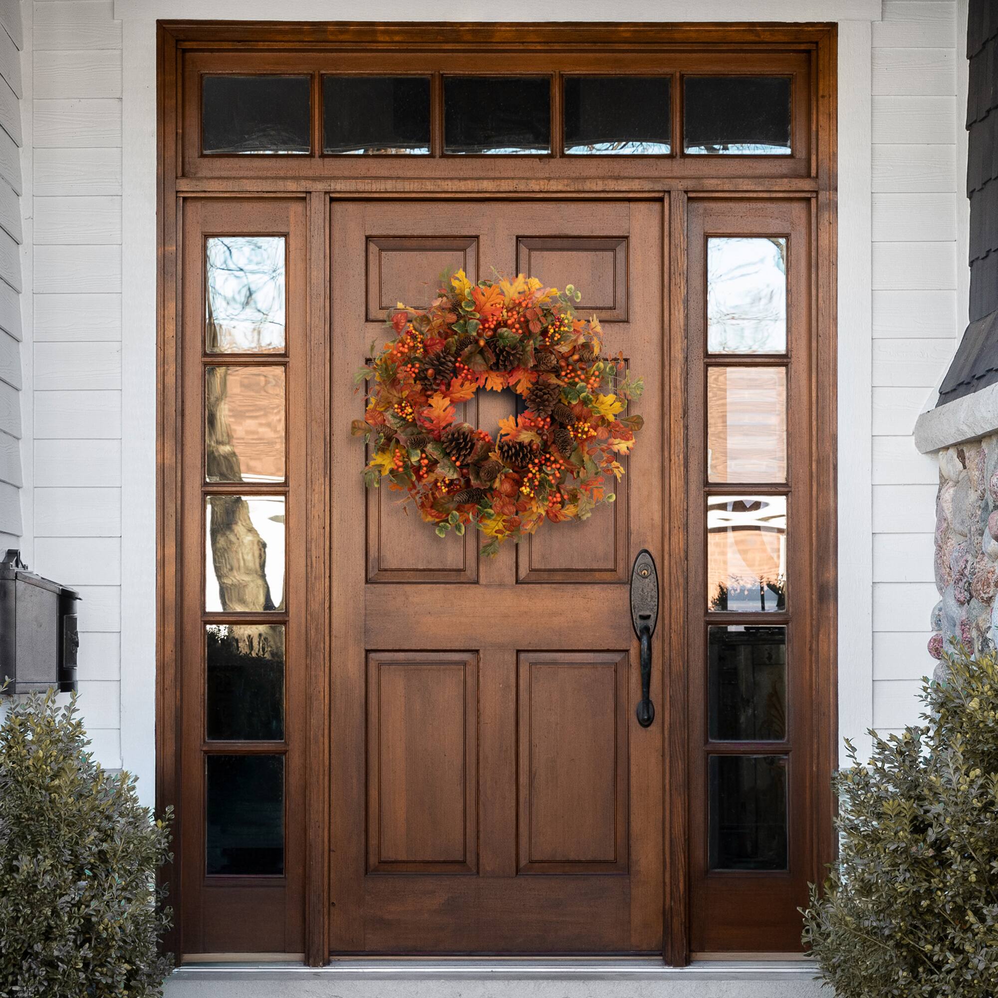 Alt View 4. Northlight - Eucalyptus, Maple Leaves and Acorns Artificial Fall Harvest Wreath - 30" - Orange.