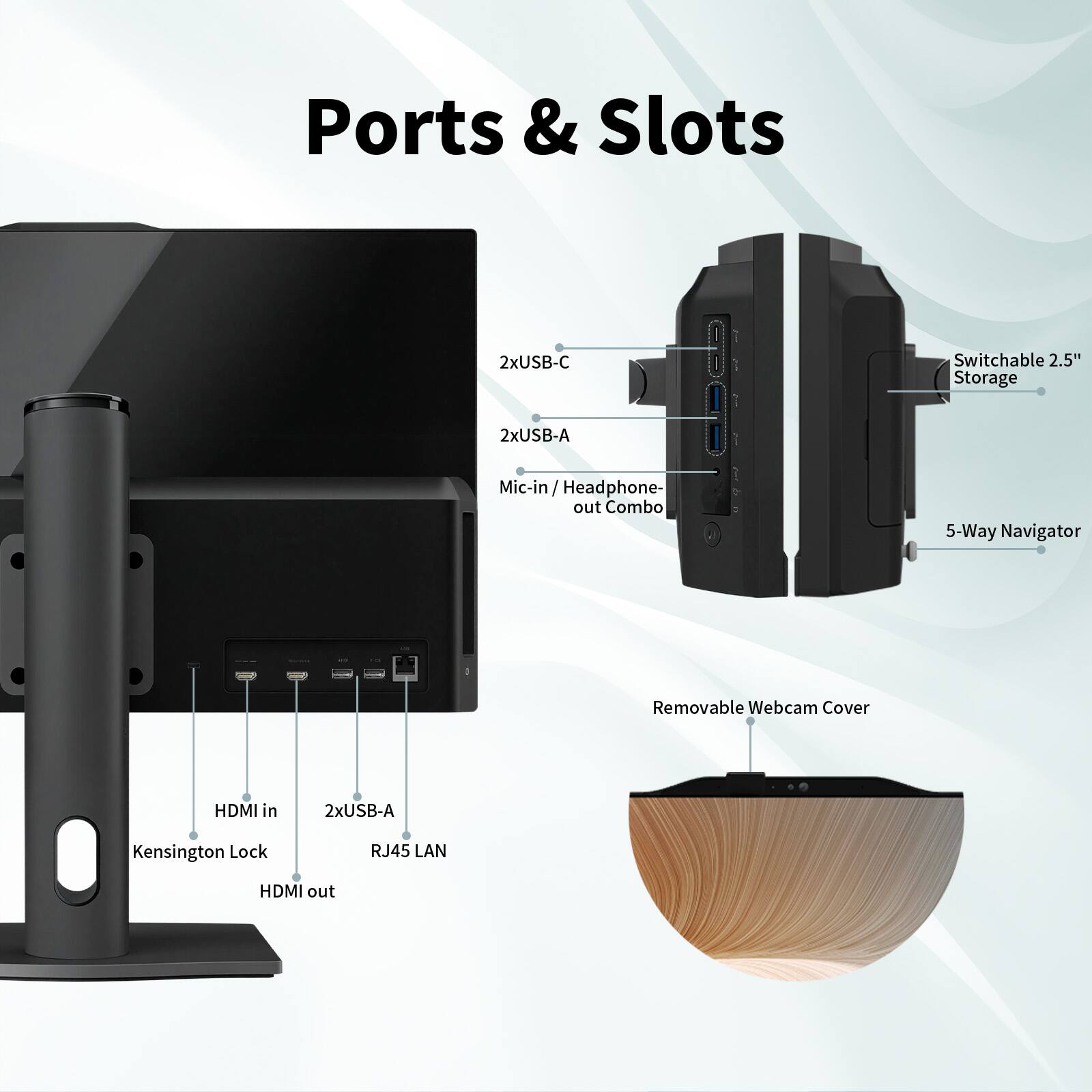 Ports & Slots  
- 2x USB-C  
- 2x USB-A  
- Mic-in / Headphone-out Combo  
- 5-Way Navigator  
- Removable Webcam Cover  
- HDMI in  
- 2x USB-A  
- Kensington Lock  
- RJ45 LAN  
- HDMI out  
- Switchable 2.5" Storage