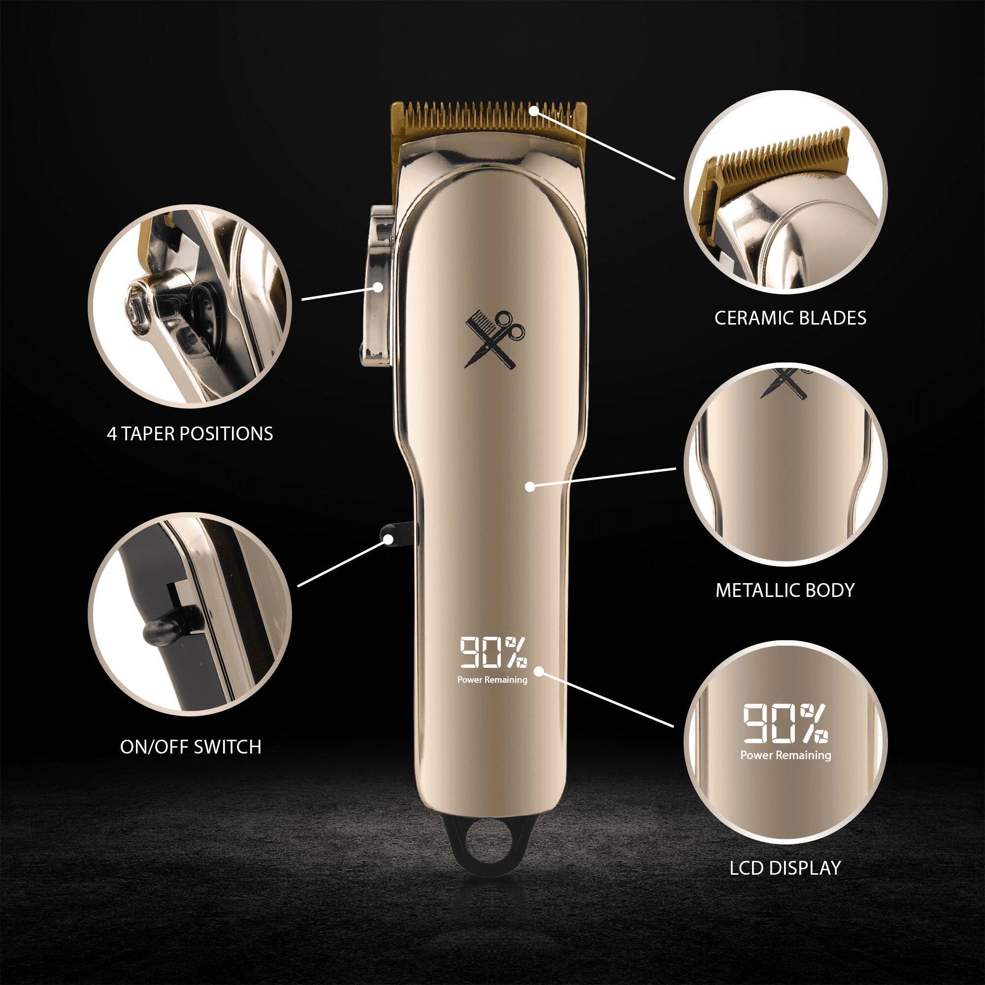 - Ceramic Blades
- 4 Taper Positions
- Metallic Body
- On/Off Switch
- 90% Power Remaining
- LCD Display