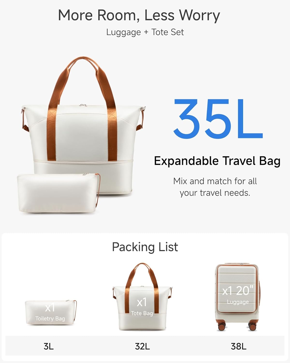 More Room, Less Worry  
Luggage + Tote Set  

35L Expandable Travel Bag  
Mix and match for all your travel needs.  

Packing List  
- X1 Toiletry Bag 3L  
- X1 Tote Bag 32L  
- X1 20" Luggage 38L