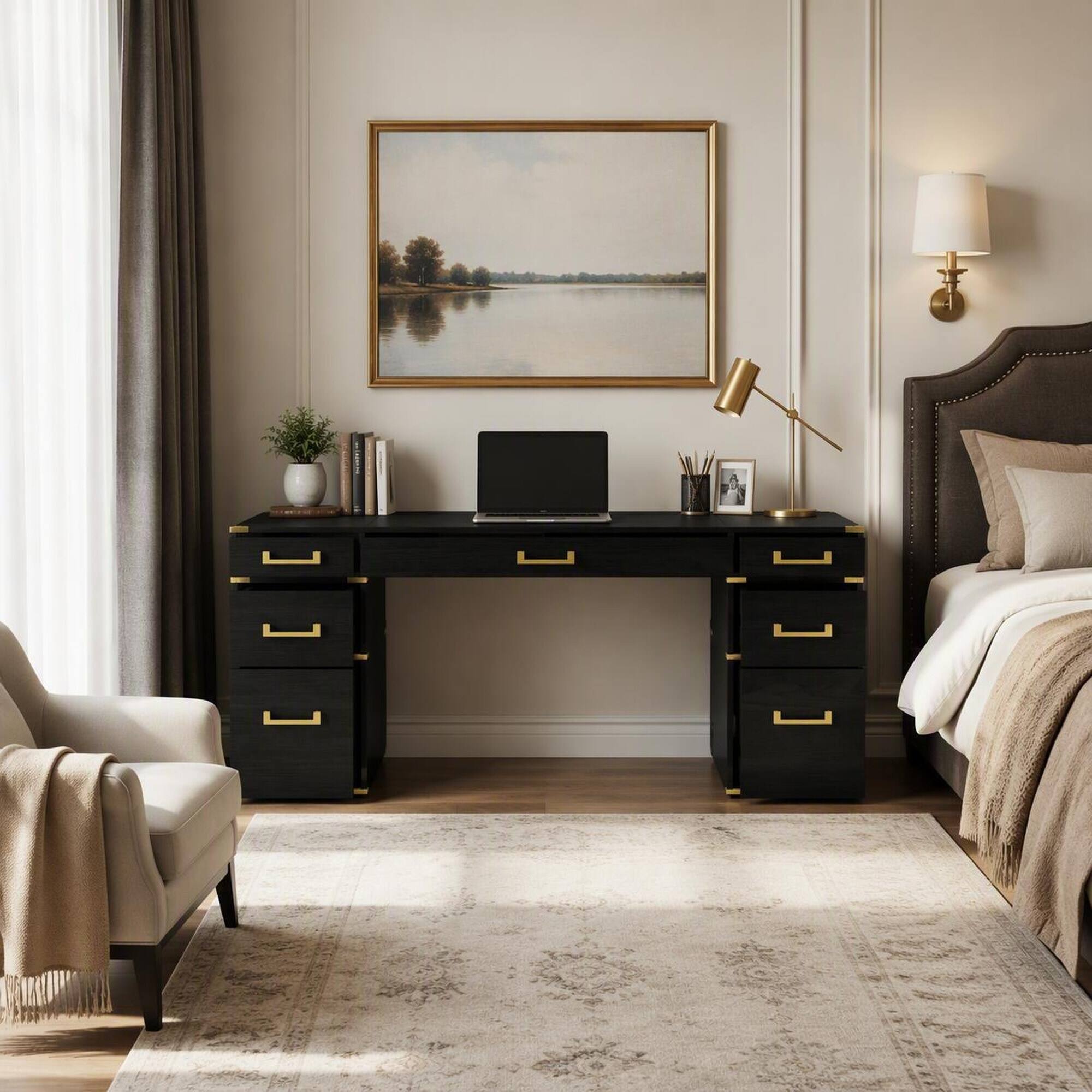 Left. RYHNUYNE - 70 inch Extra-Large Executive Desk, Classic Black, Gold Finish, 7 Drawers, USB Ports and Outlets, Home Office - Black+Gold.