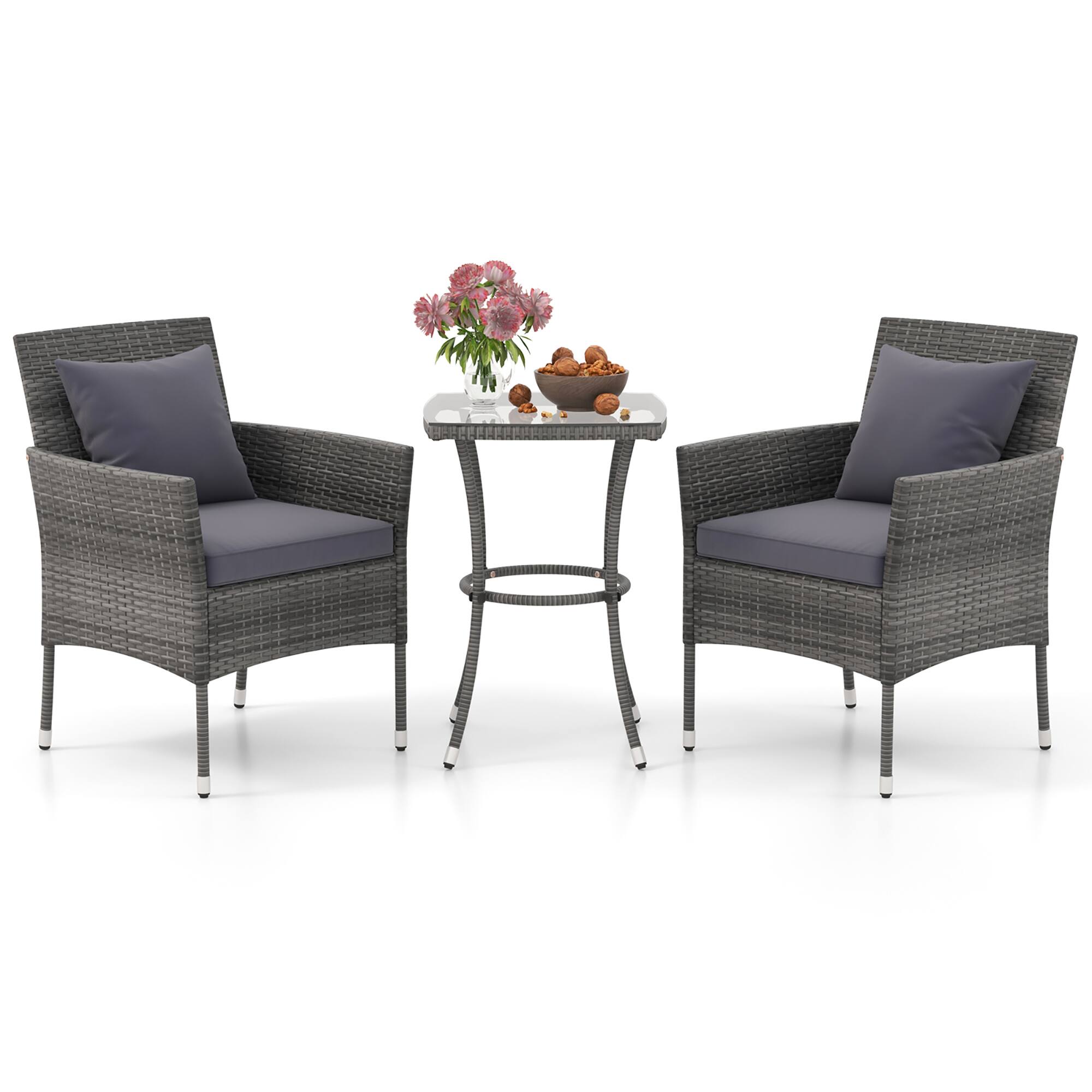 Alt View 1. Gymax - Gymax 3-Piece Patio Furniture Set PE Wicker Conversation Bistro Set w/ A Tempered Glass Table Mix Gray - Mix Gray.