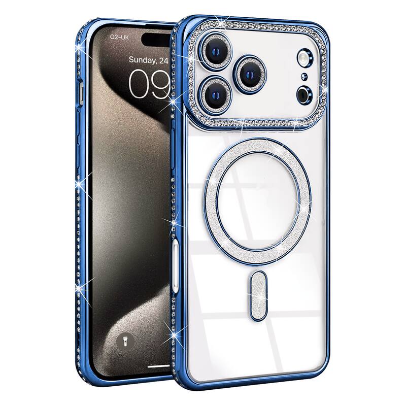 Entronix - Magnetic Case for iPhone 17 Pro Max - Clear Back with Luxury Diamonds - Blue