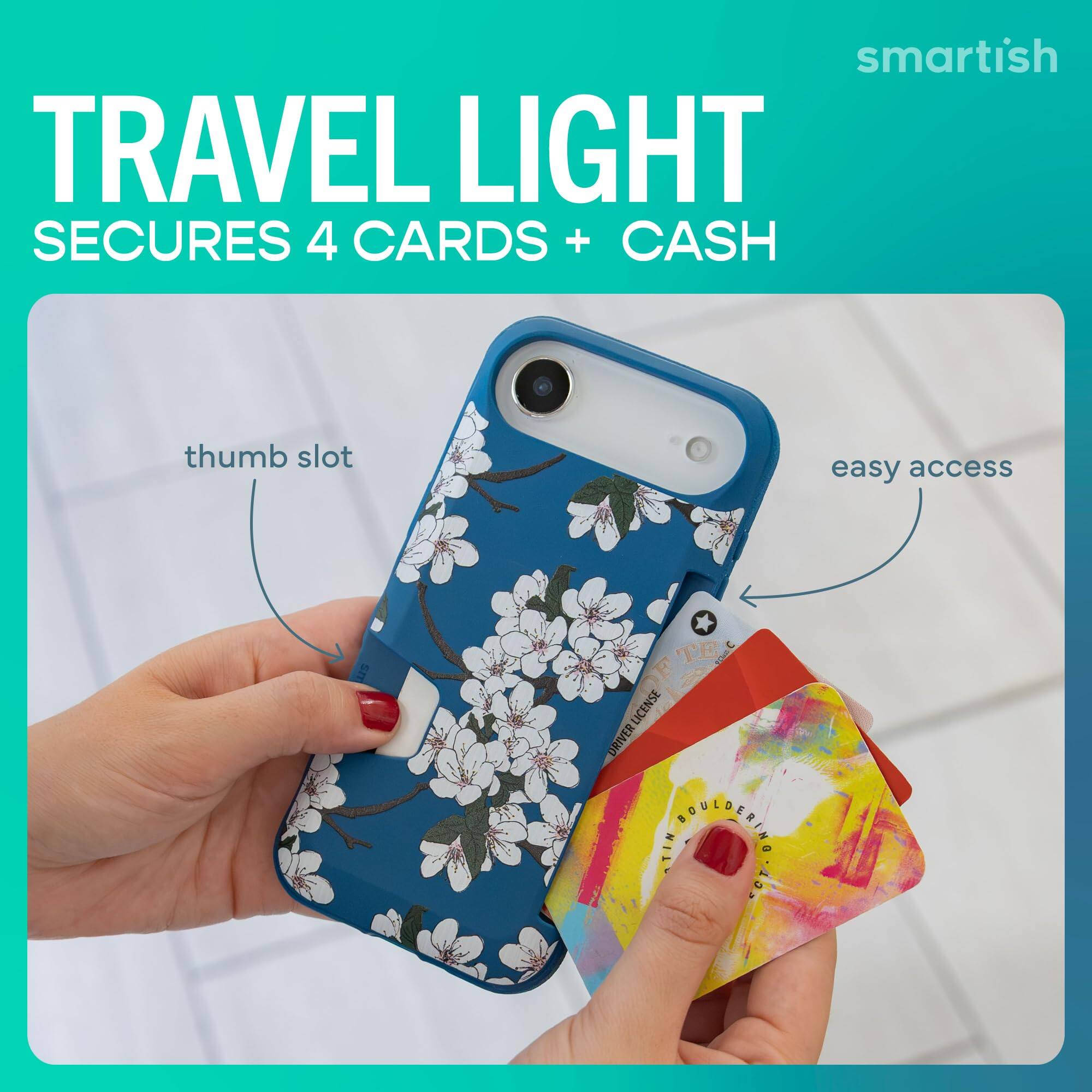 smartish TRAVEL LIGHT SECURES 4 CARDS + CASH

thumb slot

easy access

LICENSE DRIVER TIN GRAMERING SCT