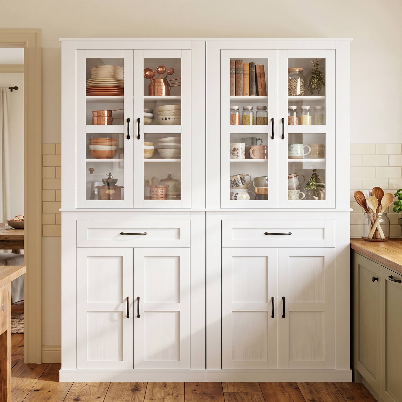 Alt View 2. Aheaplus - 2-Pack 70.9" Farmhouse Tall Pantry Cabinets with Glass Doors, Drawer & Adjustable Shelves,ships in 2 packages - White.