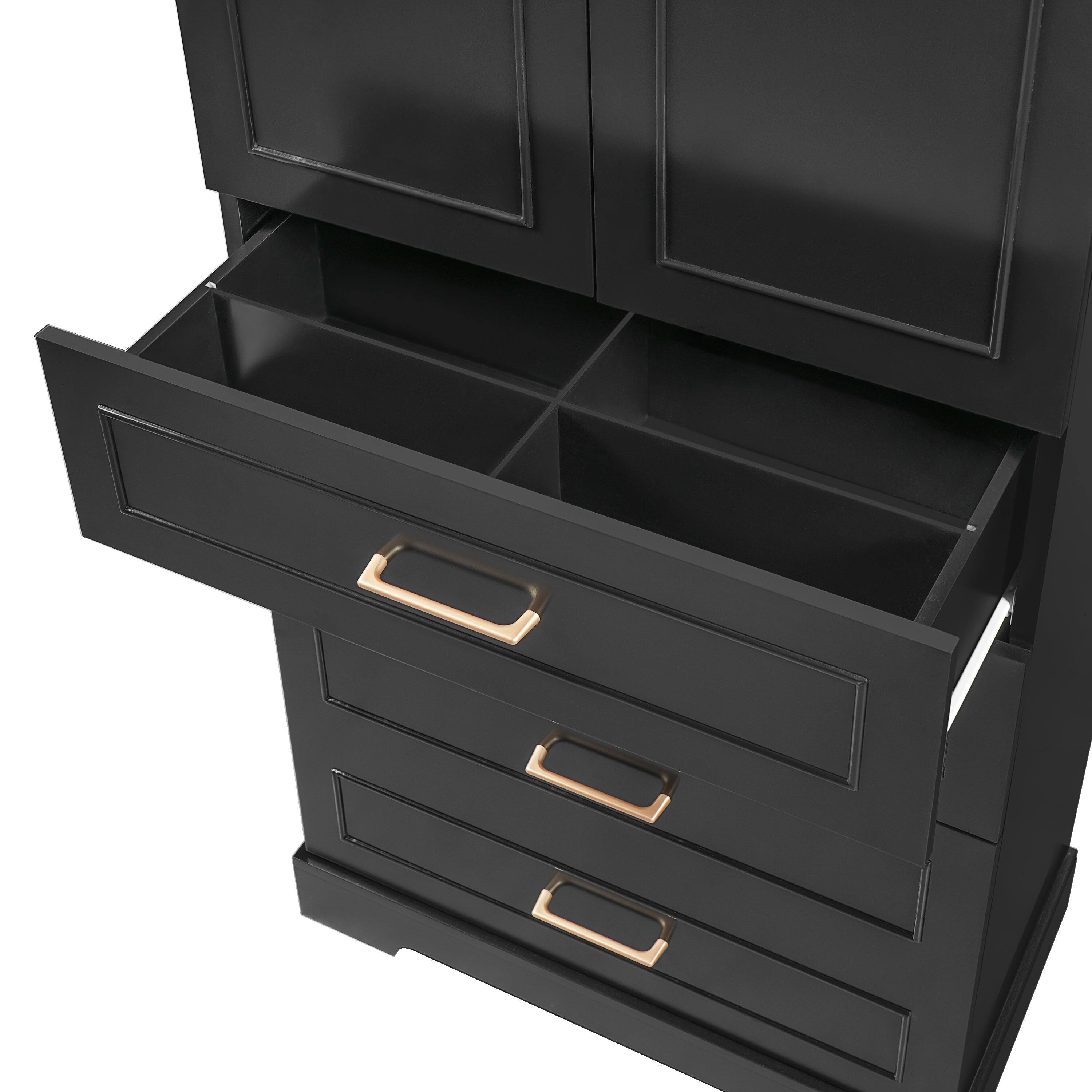 Back. Boyel Living - 72.2 Inch Black Tall Freestanding Bathroom Cabinet with 3 Drawers Adjustable Shelf Soft Close Doors Steel Handles - Black.