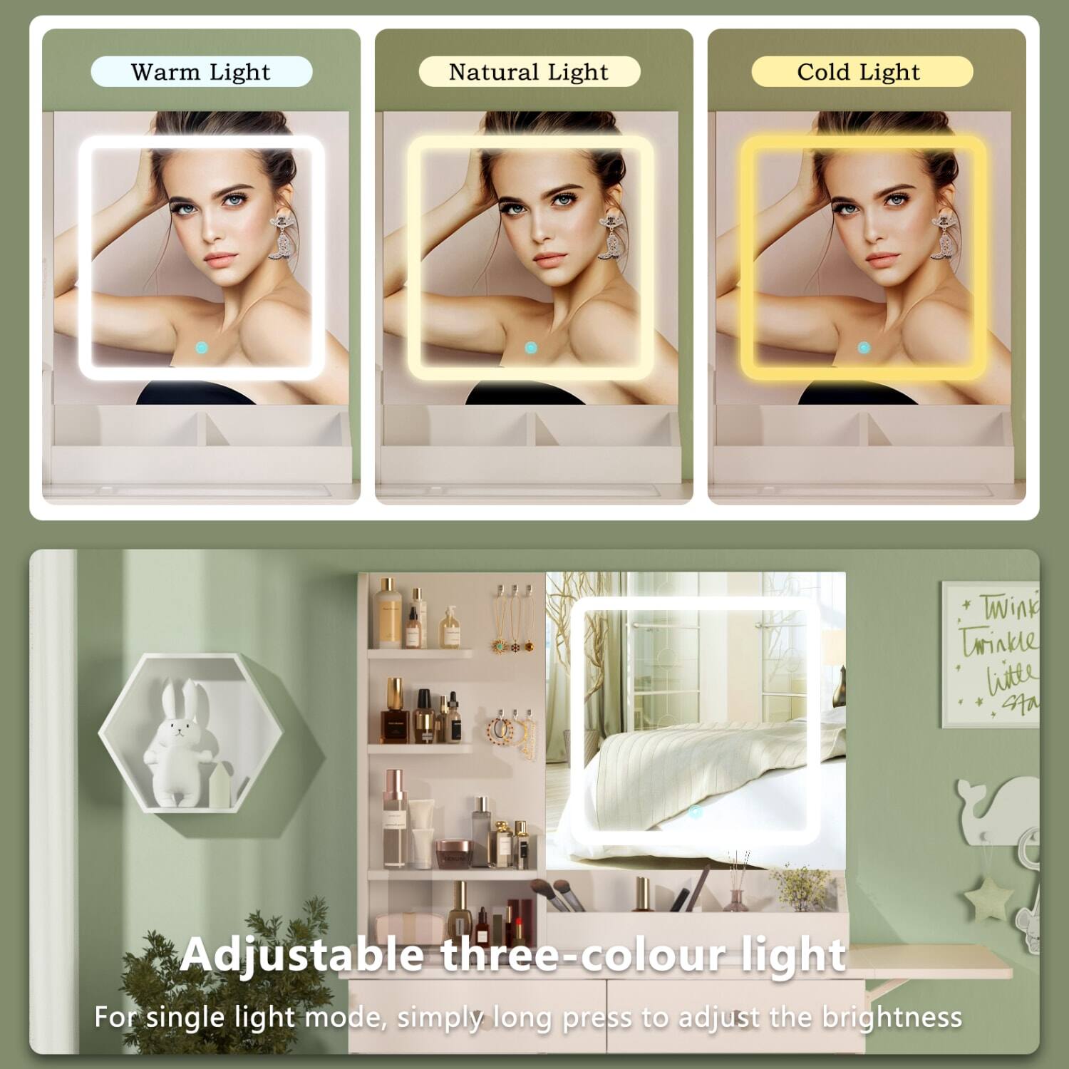 Warm Light  
Natural Light  
Cold Light  

Adjustable three-colour light  
For single light mode, simply long press to adjust the brightness