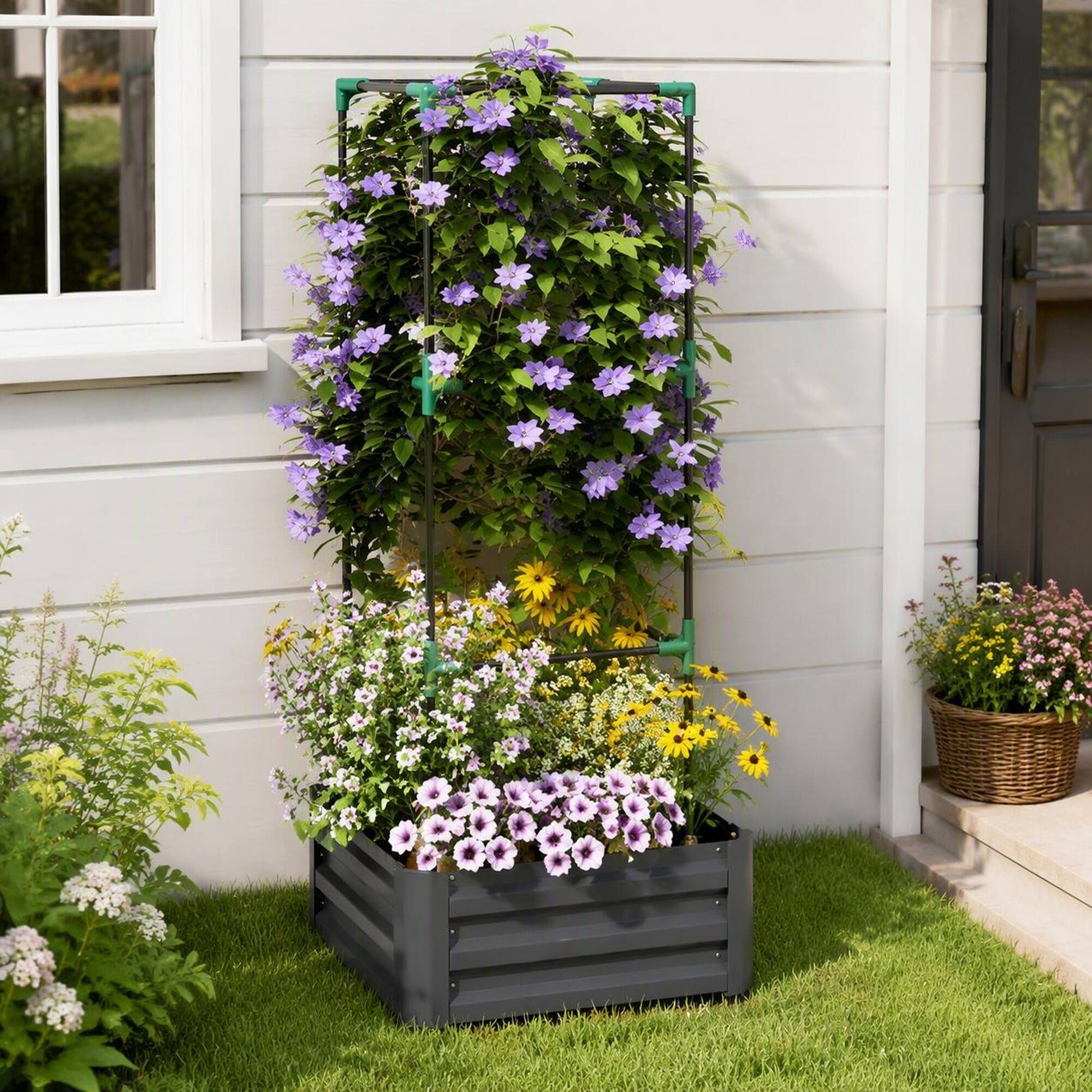 Angle. RYHNUYNE - Galvanized Steel Raised Garden Bed with Tomato Trellis Cage, Dark Gray Planter Box for Vegetables and Climbing - Dark Gray.
