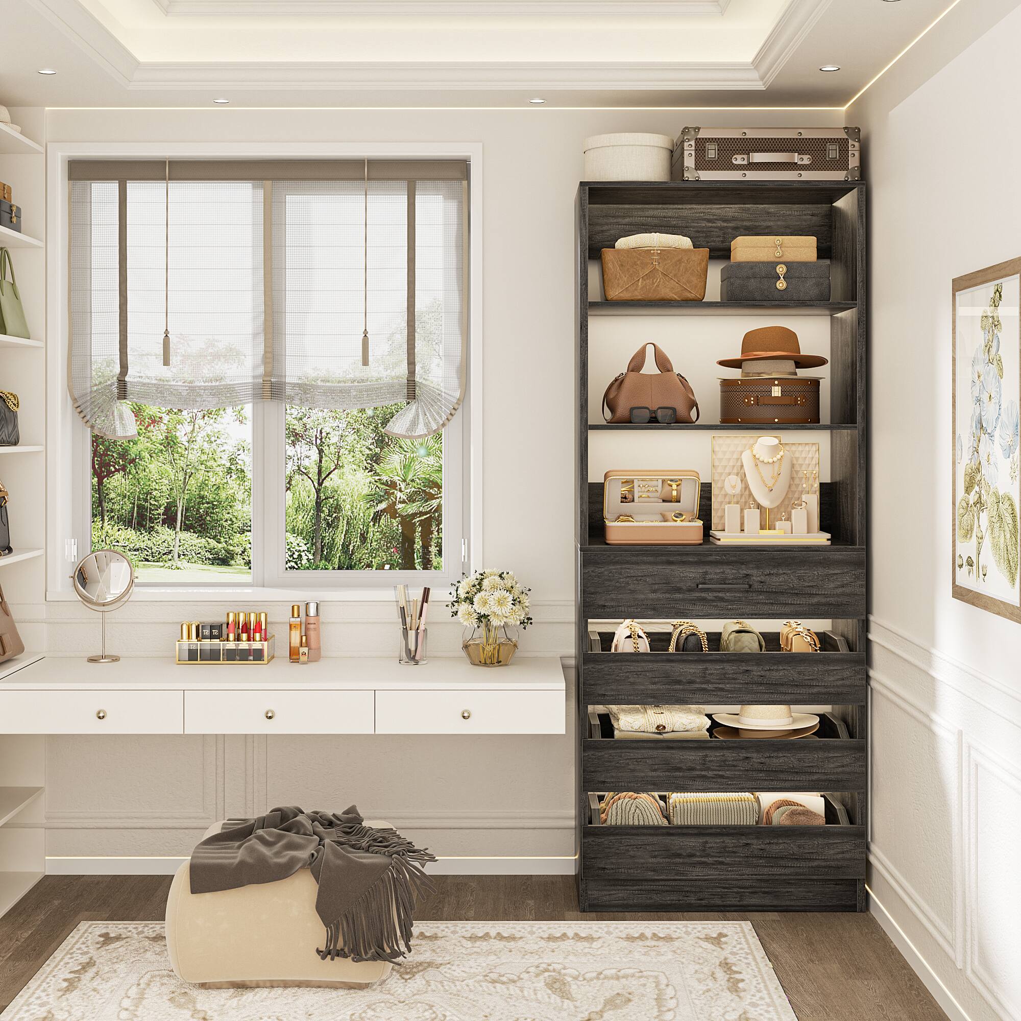 Alt View 1. Aheaplus - Space-Saving Modular Closet Organizer - 4 Drawers, Adjustable Shelves Cabinet, Easy Assembly Tall Wardrobe - Gray Oak.