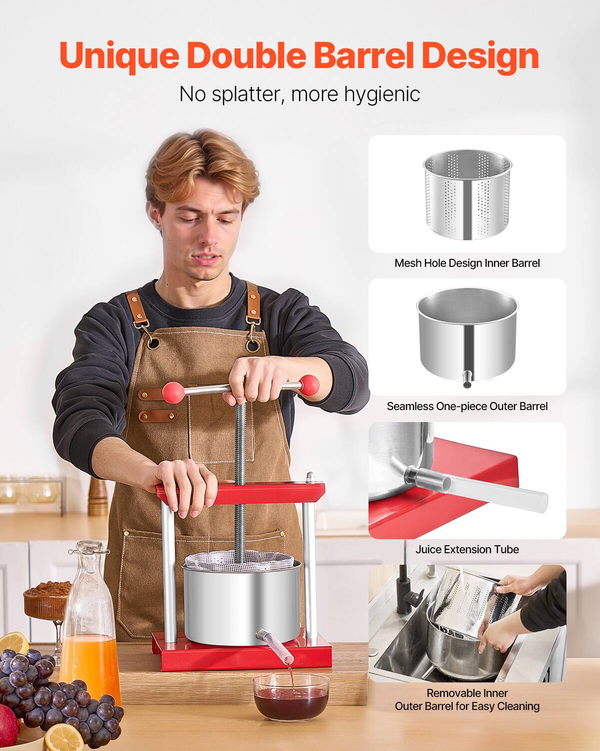 Unique Double Barrel Design  
No splatter, more hygienic  

Mesh Hole Design Inner Barrel  
Seamless One-piece Outer Barrel  
Juice Extension Tube  
Removable Inner Outer Barrel for Easy Cleaning