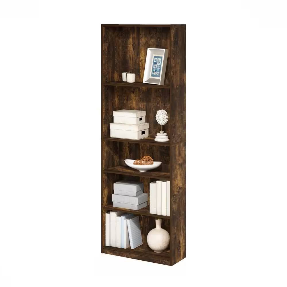 Left. Hivvago - 71-inch Tall 5-Shelf Bookcase in Medium Brown Wood Finish - Brown.