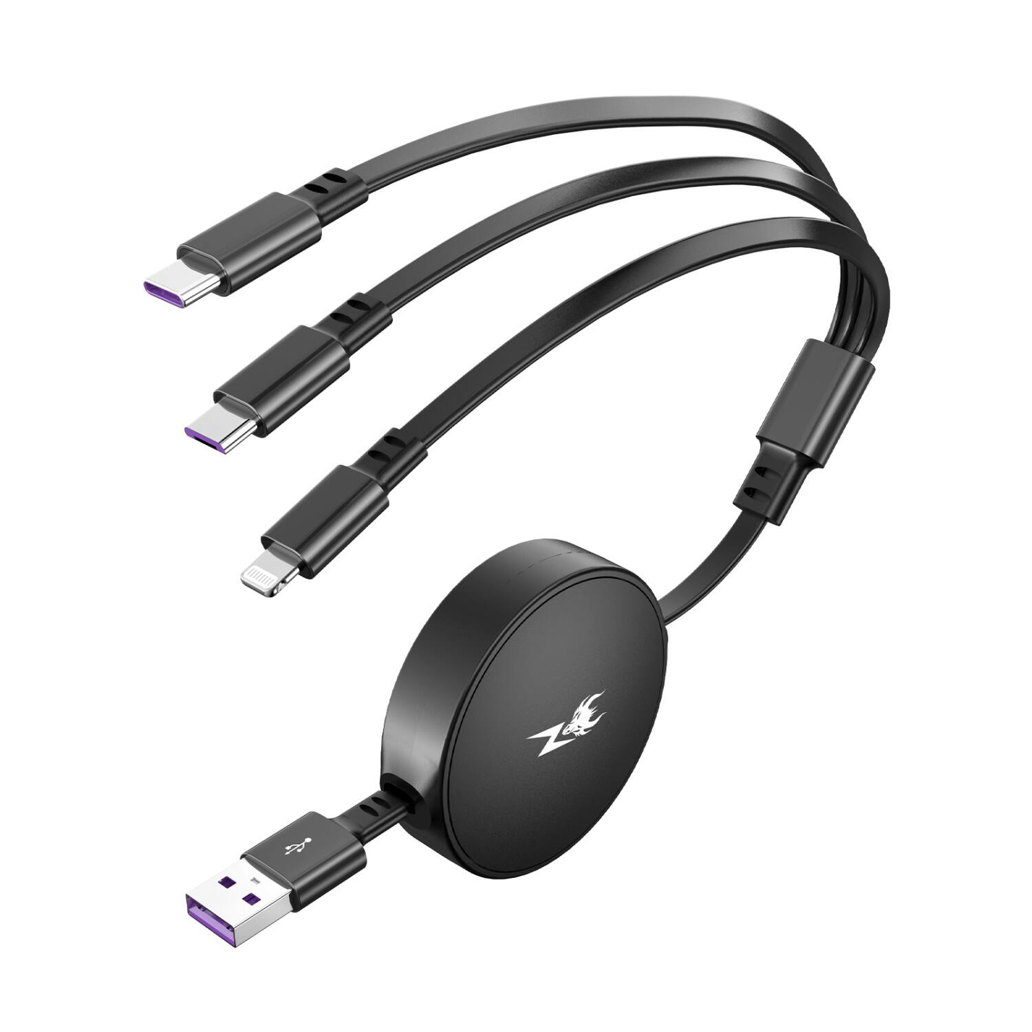 AmpNergy - PowerLines 3-in-1 Retractable Charging Cable - 4FT - Black