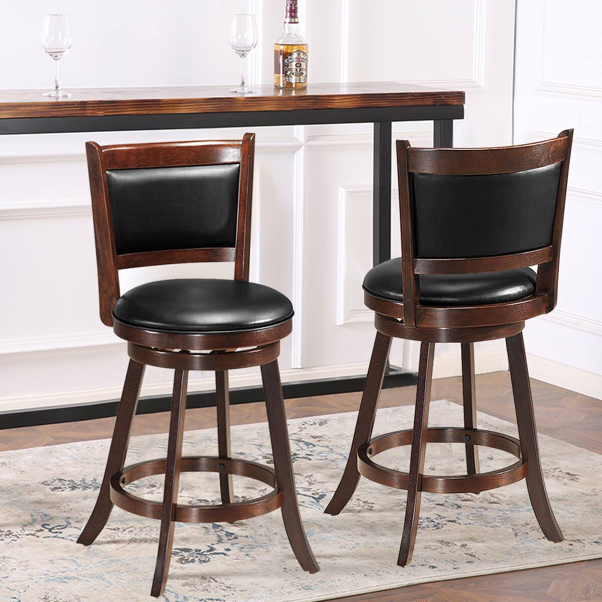 Alt View 1. Costway - Costway Set of 2 24" Swivel Counter Stool Wooden Dining Chair Upholstered Seat Espresso Panel back - Espresso,Black.