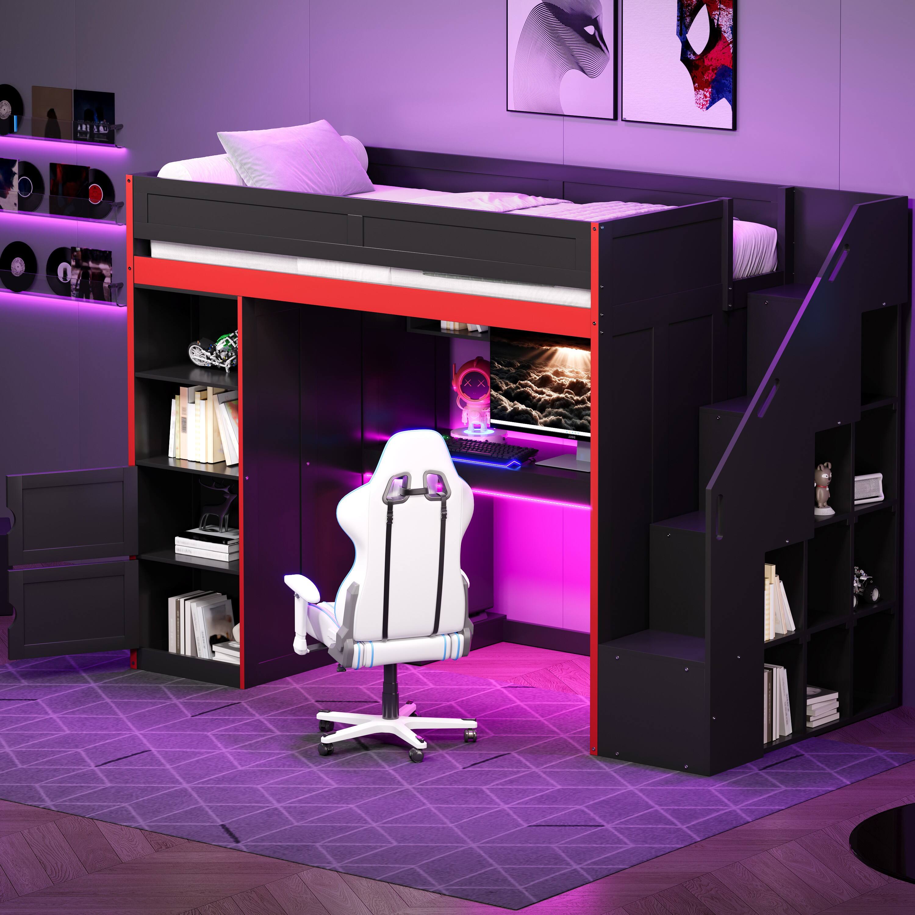 Angle. Anysun - Anysun Modern Space-Saving Design Twin Size Gaming Loft Bed with Desk and LED Lights, Assembly Required - Black.