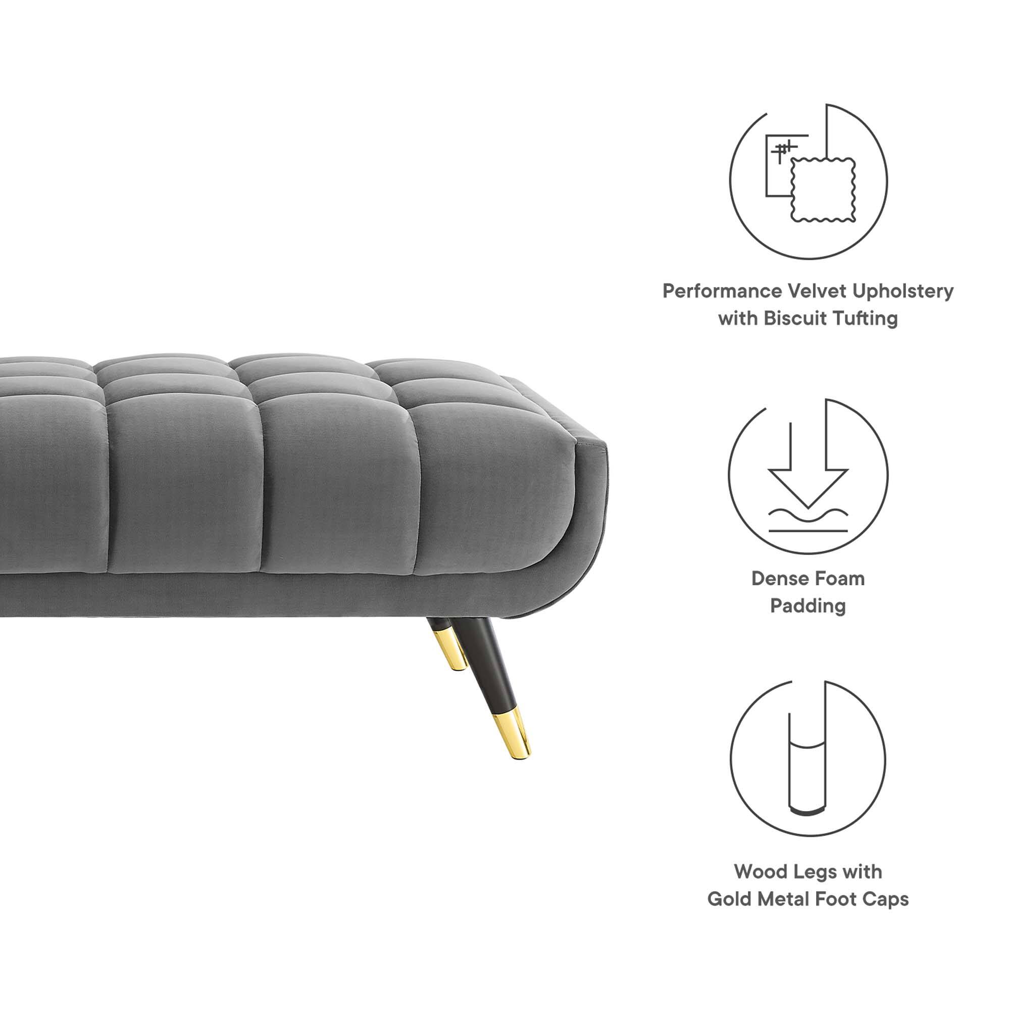 Performance Velvet Upholstery with Biscuit Tufting  
Dense Foam Padding  
Wood Legs with Gold Metal Foot Caps