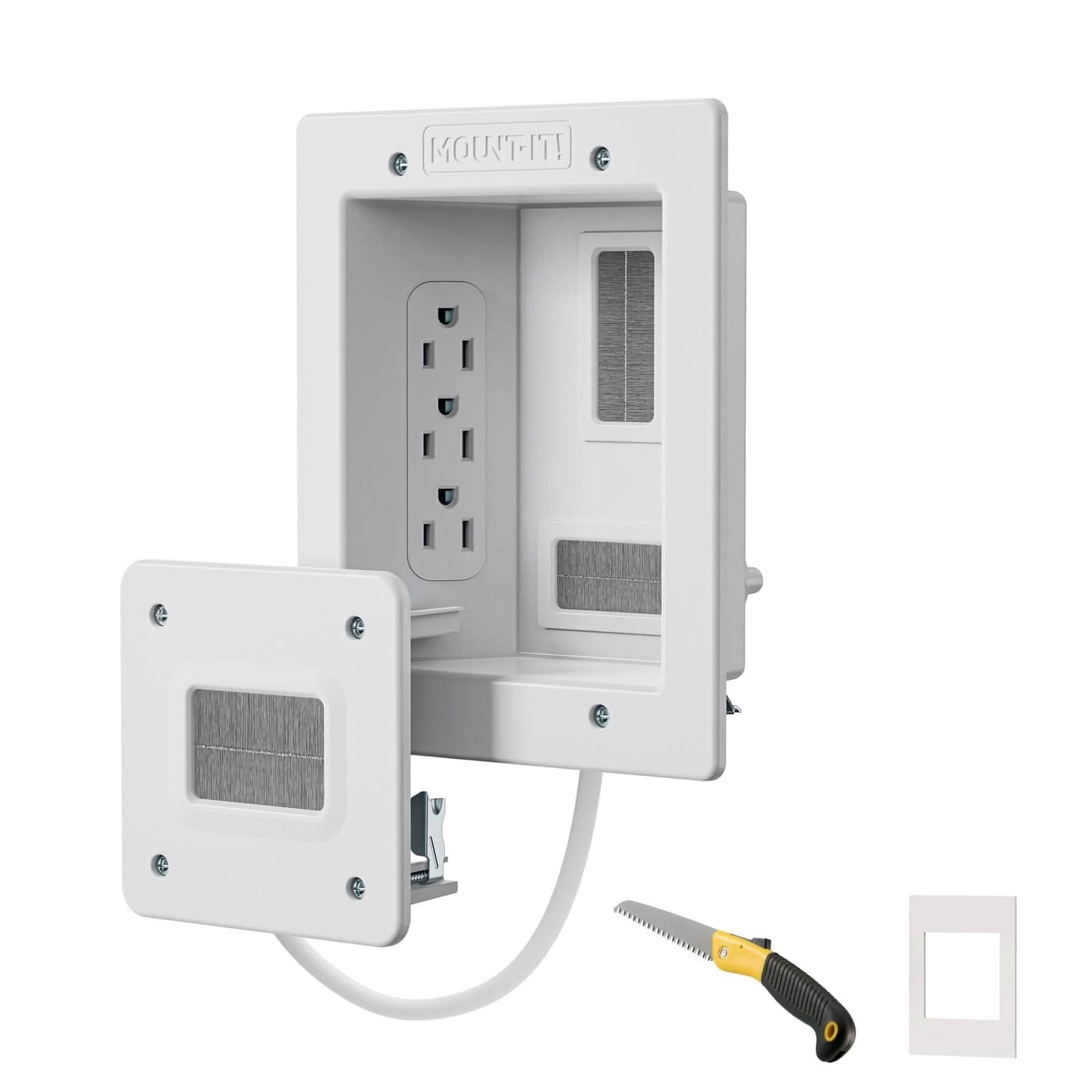 Alt View 5. Mount-It! - Sleek In-Wall TV Cable Concealer with Recessed Power, Triple-Outlet & 9-Ft Prewired Cord for Clean Setup, White - White.