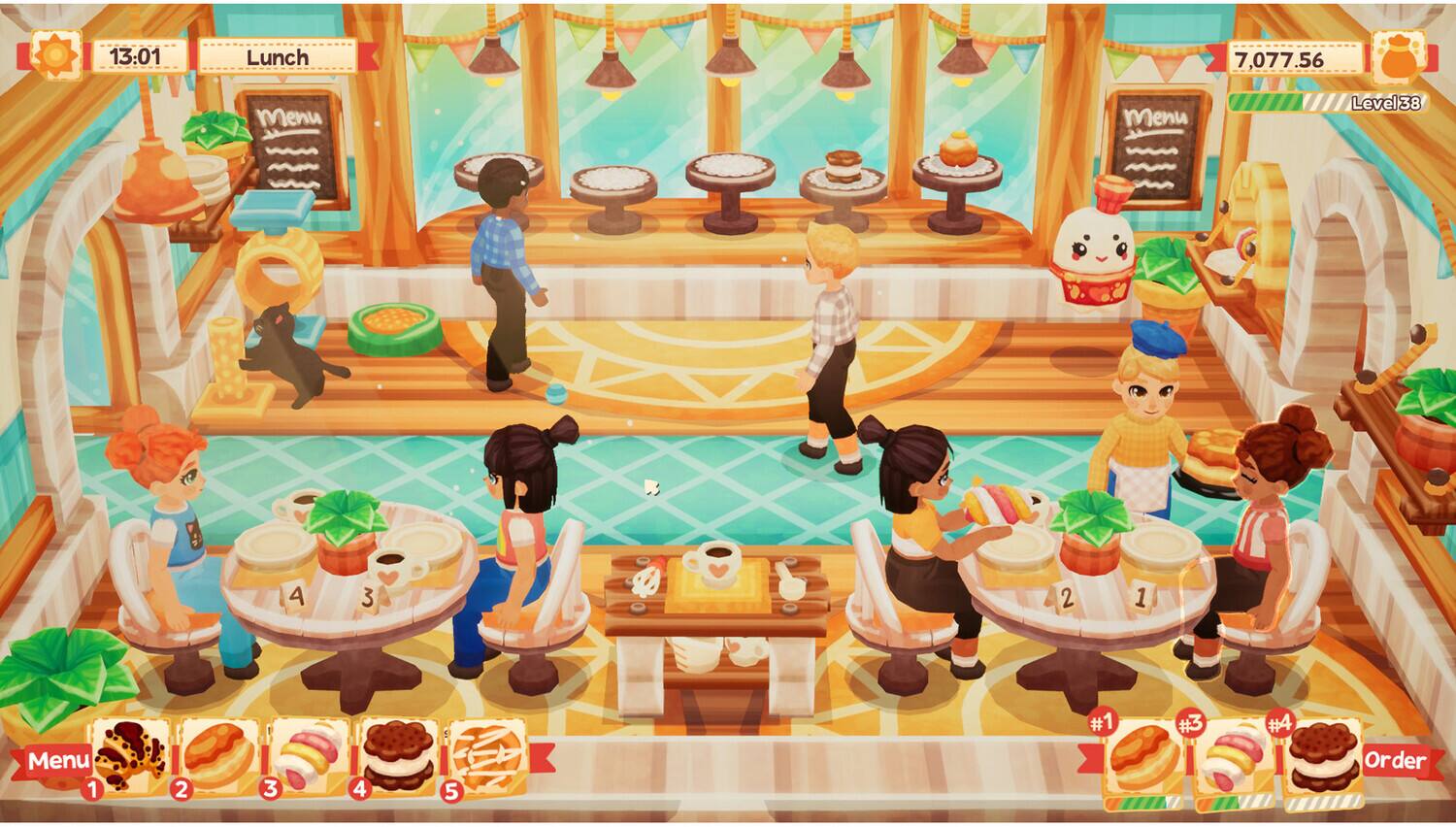 13:01 Lunch  
Menu  
Level 38  
7,077.56  
Menu  
1 2 3 4 5  
#1 #3 #4  
Order