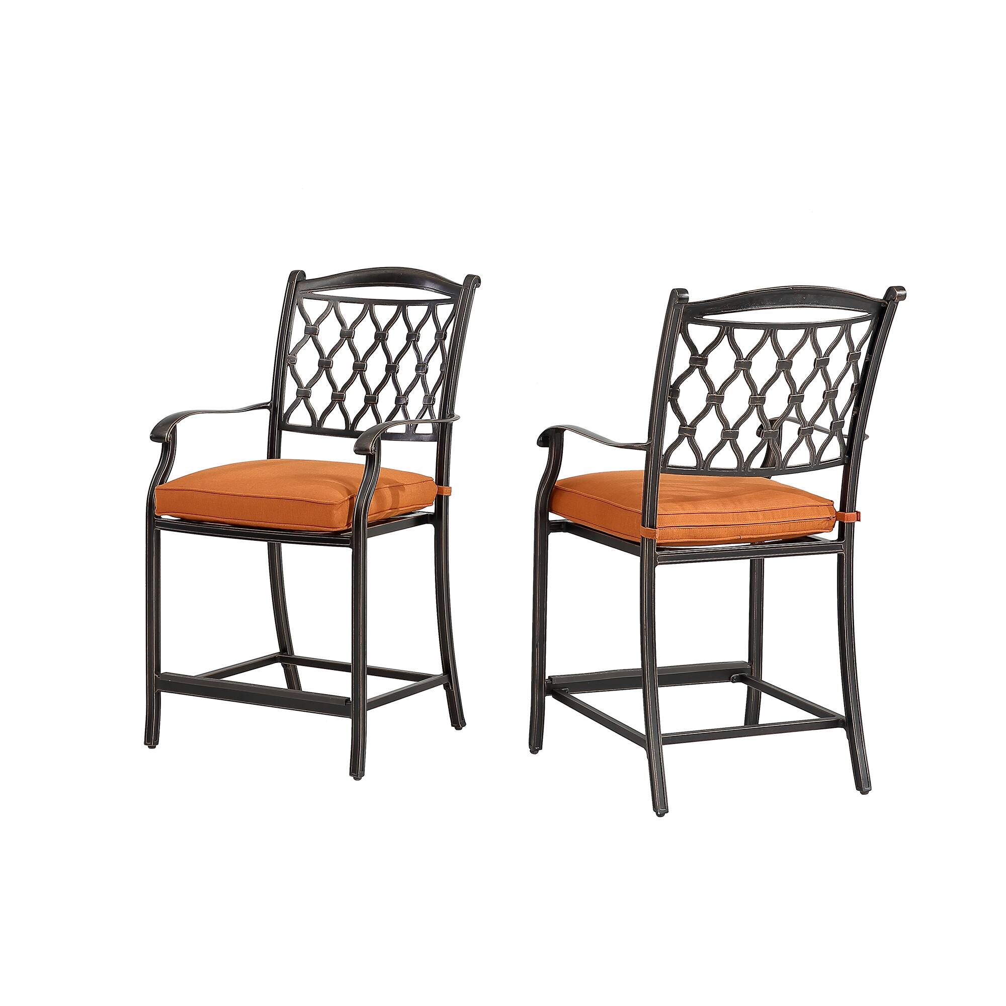 Back. Mondawe - 6 Pieces Cast Aluminum Diamond-Mesh Curved Backrest Dining Bar High Chairs - Black.