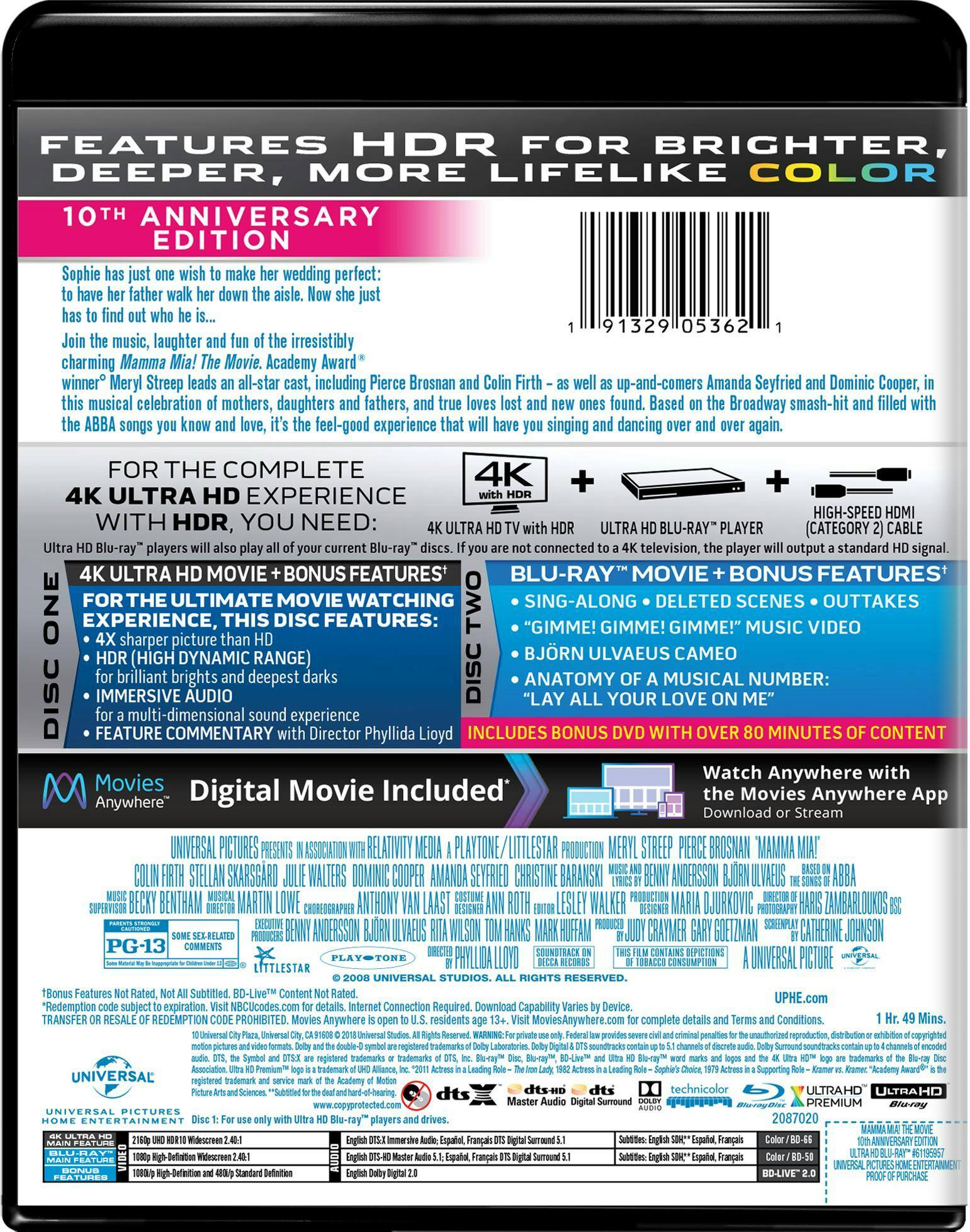 Back. Mamma Mia! (10th Anniversary Edition)   - 4K Blu-Ray.