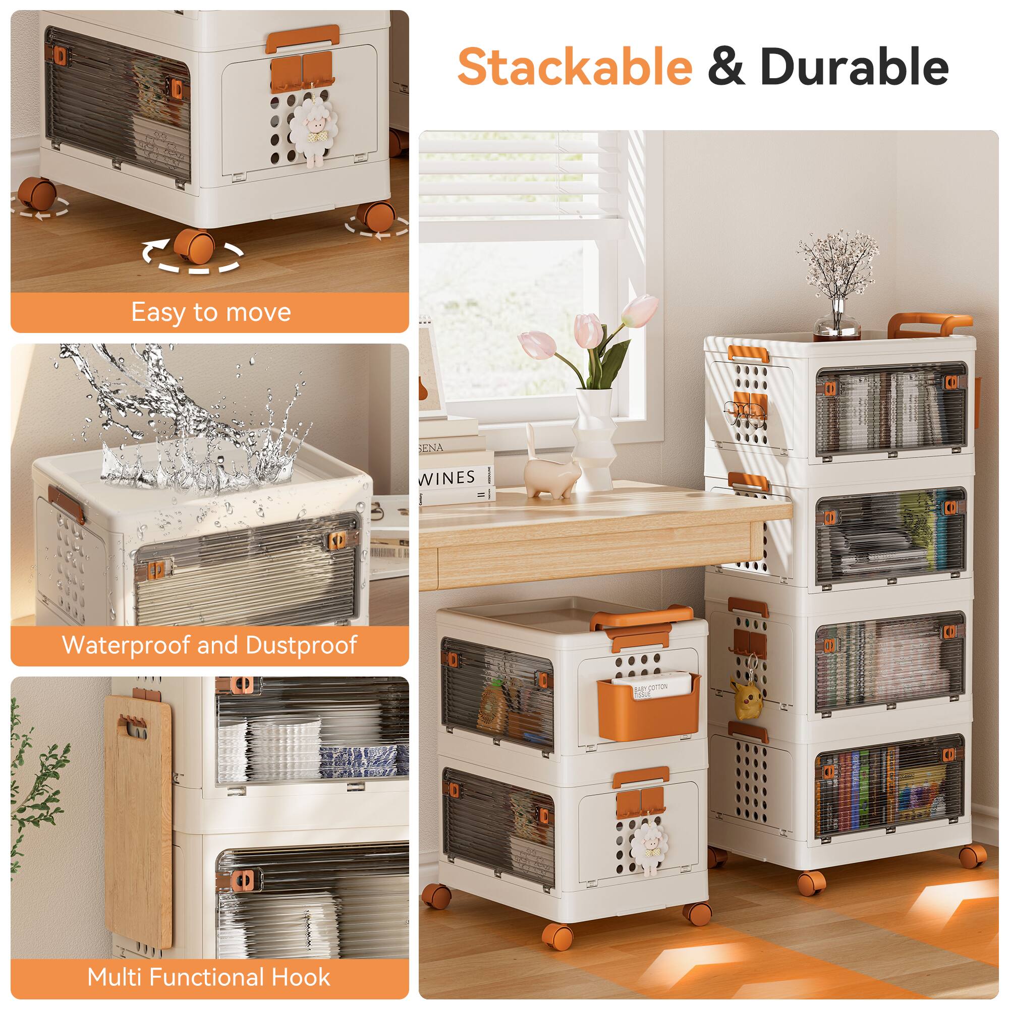 Stackable & Durable

- Easy to move
- Waterproof and Dustproof
- Multi Functional Hook