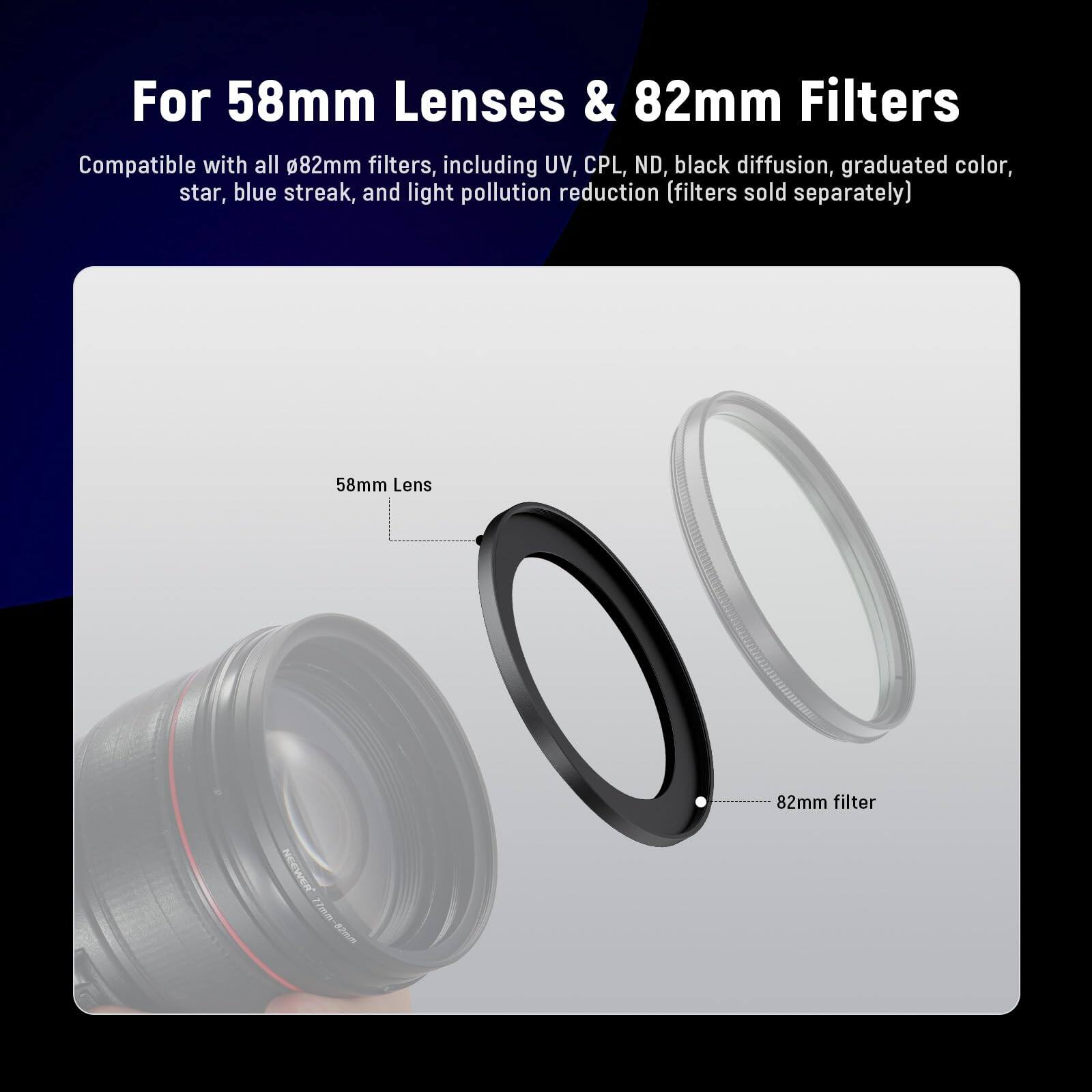 For 58mm Lenses & 82mm Filters

Compatible with all 82mm filters, including UV, CPL, ND, black diffusion, graduated color, star, blue streak, and light pollution reduction (filters sold separately)

58mm Lens
82mm filter

NEEWER