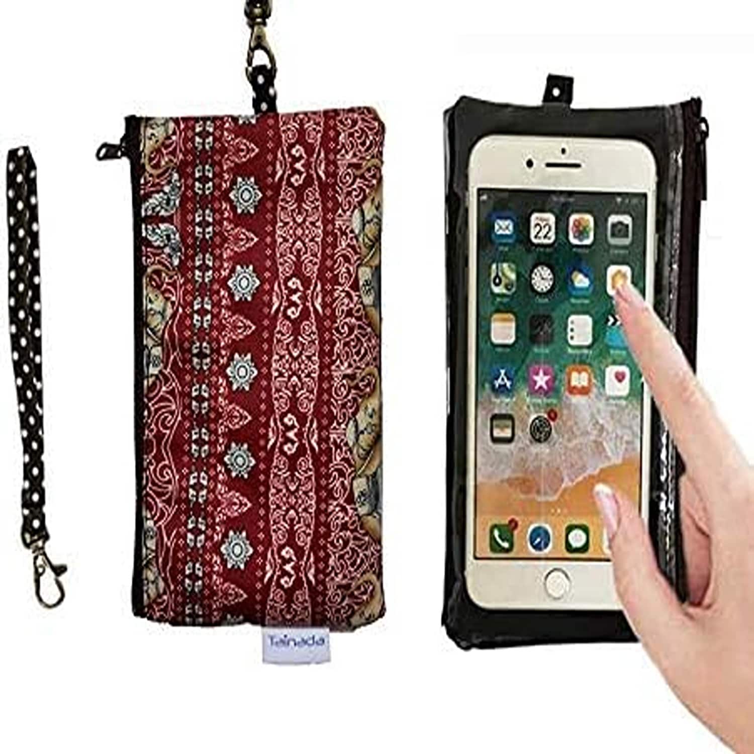 Phone Wristlet Purse 2 in 1 Pouch w/Clear View Window Touch Screen & Detachable Neck Strap Lanyard, Wristlet Strap - Red