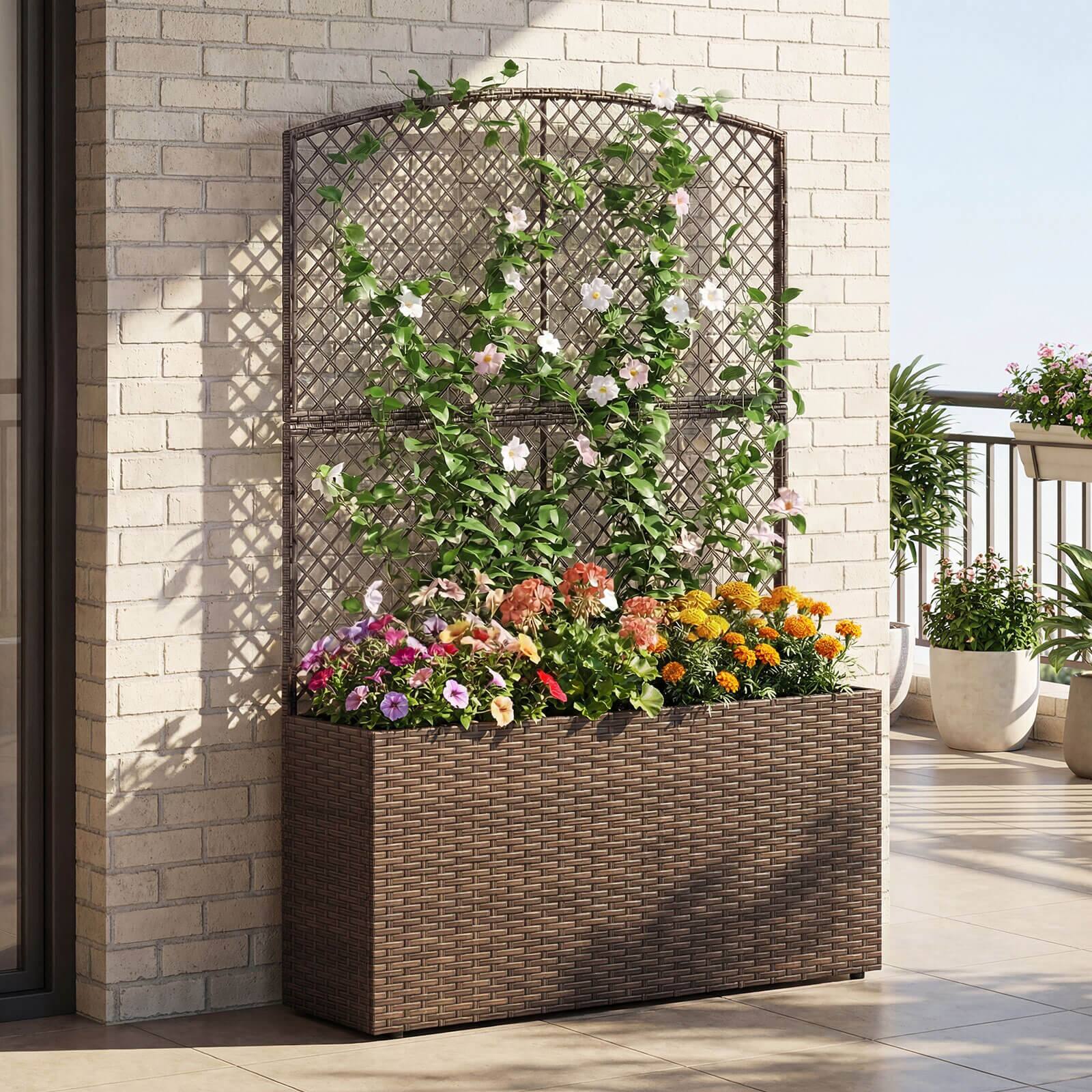 Alt View 4. Costway - Costway 1 PCS 58" Raised Garden Bed with Trellis, Wicker Planter Box with Privacy Screen - Brown.