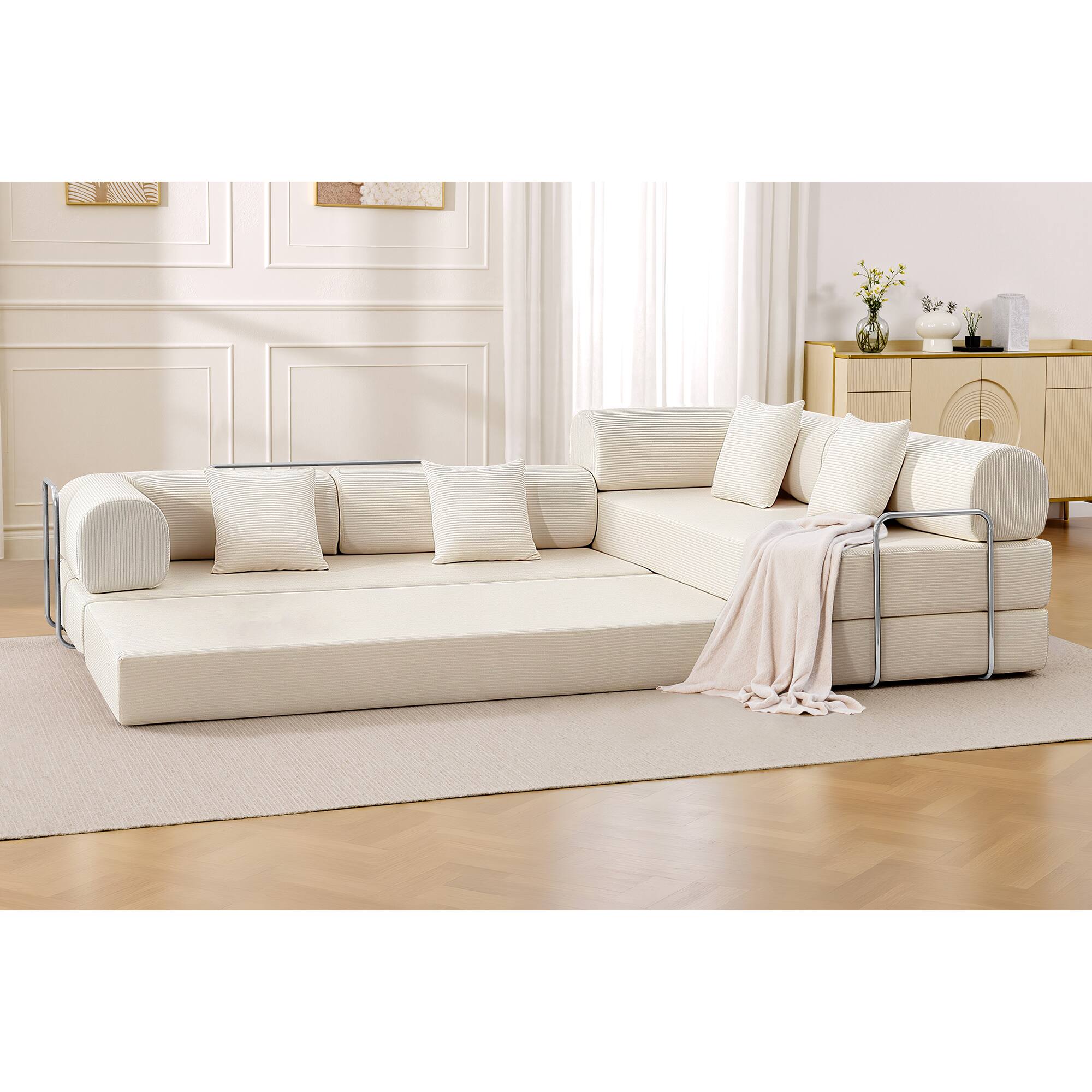 Left. KERDOM - L-Shaped Corduroy Couch Chaise Lounge, 78'' Foldable Sofa Bed 2pcs Combined, Spliced Block Modular Sectional Sponge Sofa - Beige.