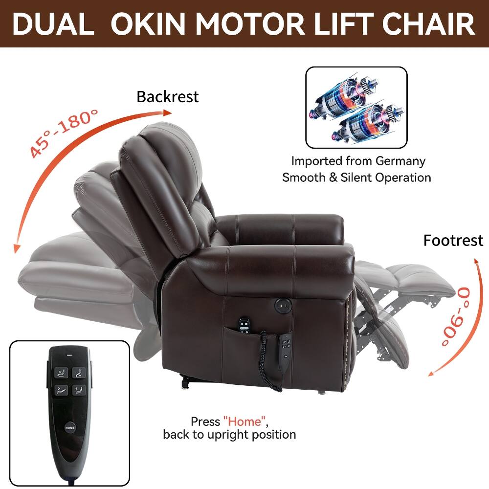 DUAL OKIN MOTOR LIFT CHAIR  
Backrest UNIVERS FEESTE  
45°-180°  
Imported from Germany  
Smooth & Silent Operation  
Footrest 0°-90°  
Press "Home", HOME back to upright position