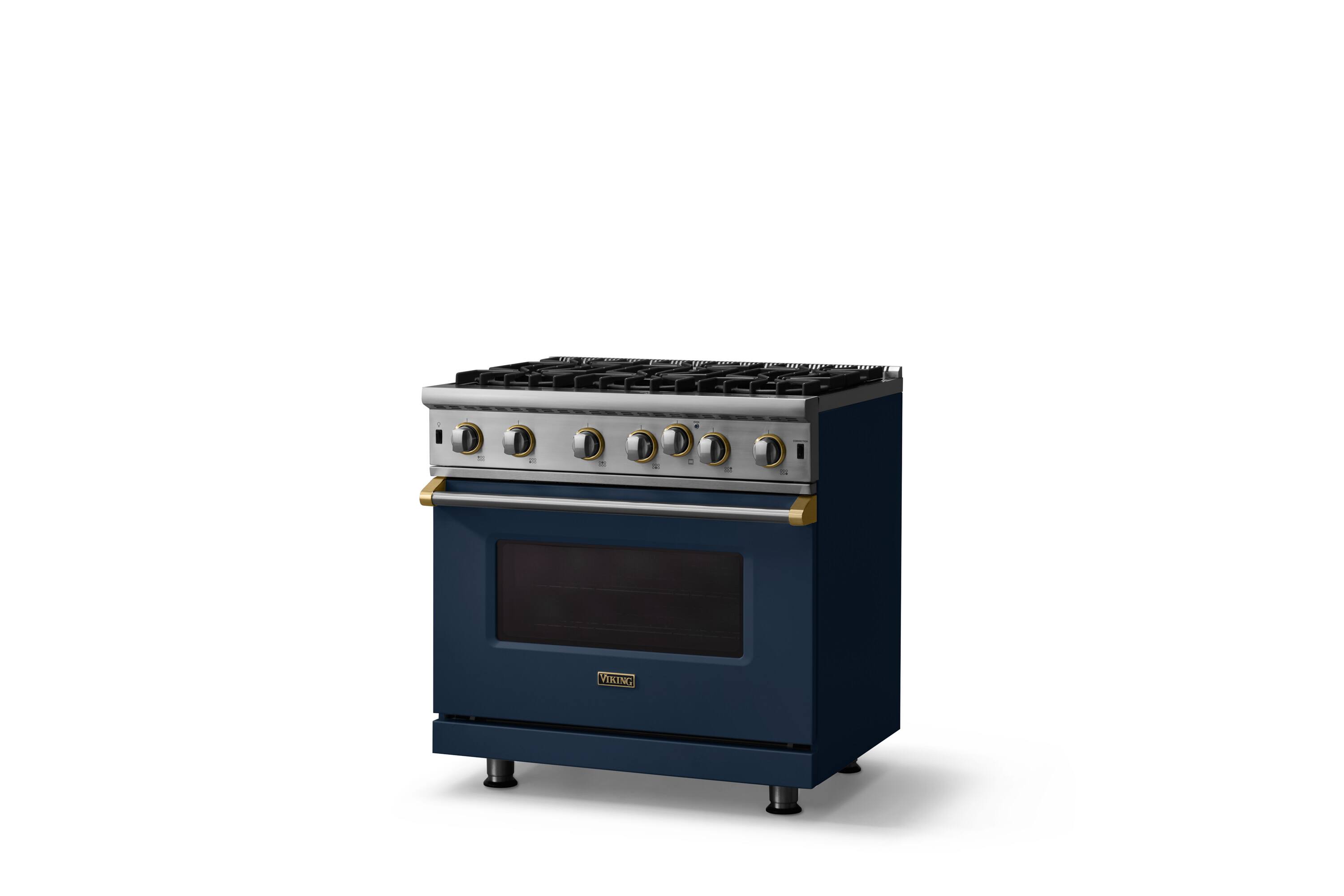 Angle. Viking - 30"W. 5.1 Cu. Ft. Freestanding Self-Clean Open Burner Gas Convection Range - Slate Blue w. Brushed Brass Trim - Slate Blue.