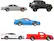 The image features a variety of vehicles, including a sports car, a truck, a jeep, and a convertible. The sports car is white, and the truck is red. The jeep is black, and the convertible is blue. The vehicles are displayed in a row, showcasing their different styles and colors.