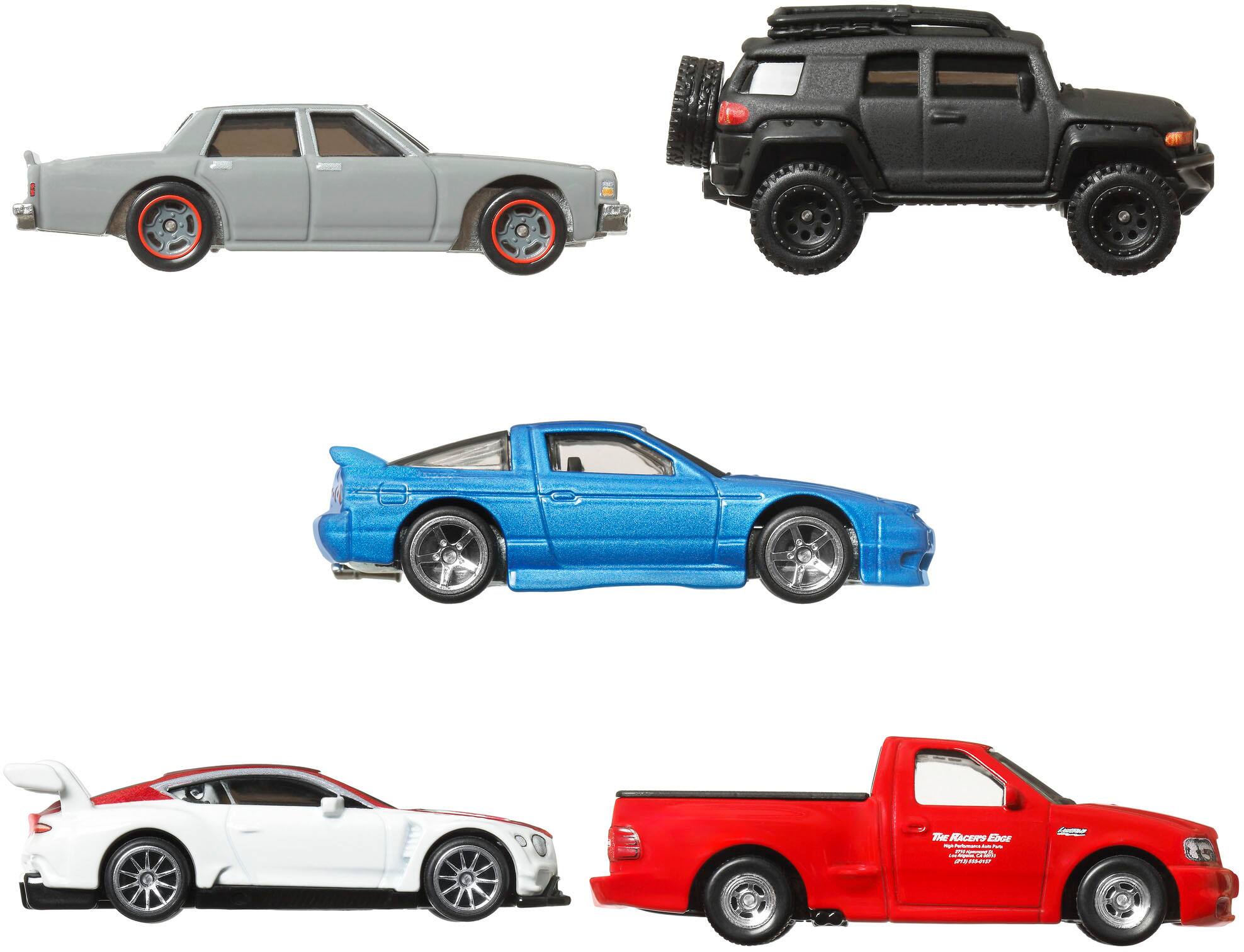 The image features a variety of vehicles, including a sports car, a truck, a jeep, and a convertible. The sports car is white, and the truck is red. The jeep is black, and the convertible is blue. The vehicles are displayed in a row, showcasing their different styles and colors.