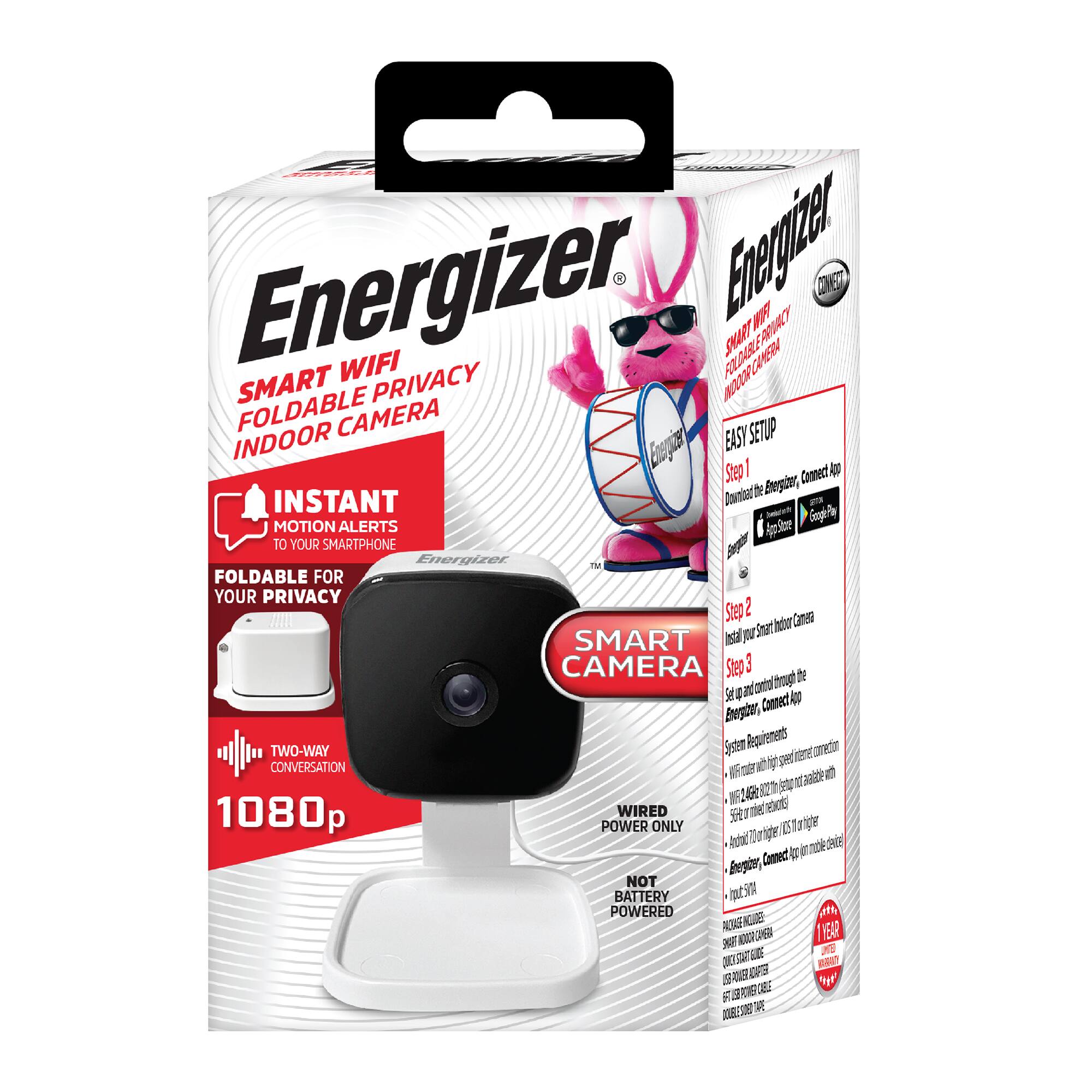 Energizer Smart WiFi Foldable Privacy Indoor Camera

- Instant Motion Alerts to Your Smartphone
- Foldable for Your Privacy
- Two-Way Conversation
- 1080p
- Wired Power Only
- Not Battery Powered

Easy Setup:
1. Download the Energizer Connect App
2. Install Your Smart Indoor Camera
3. Set Up and Control Through the Energizer Connect App

System Requirements:
- WiFi router with high-speed internet connection
- WiFi range extender available within 50 feet
- 5GHz network
- Smartphone or tablet with iOS 10 or higher
- Energizer Connect app installed

1 Year Limited Warranty