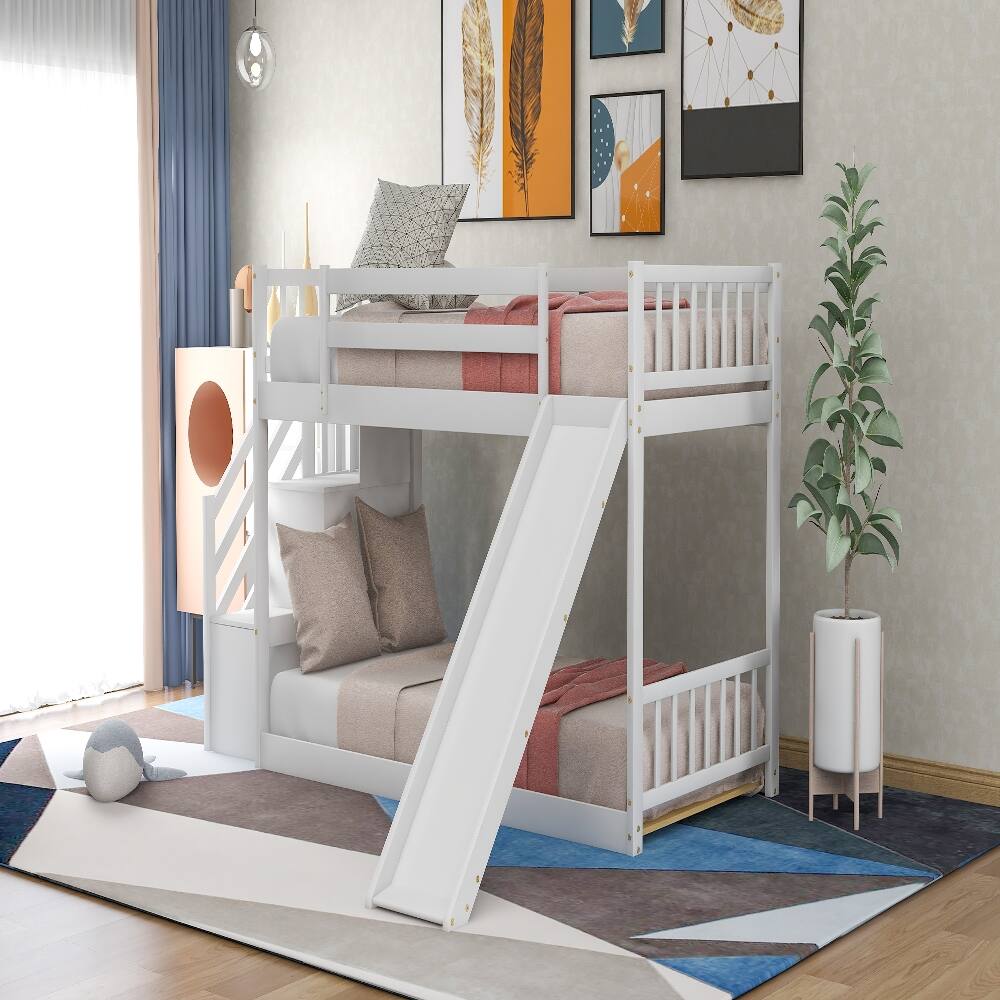 Back. Loheer - Loheer Twin Over Twin Bunk Bed with Slide Stairway White - White.