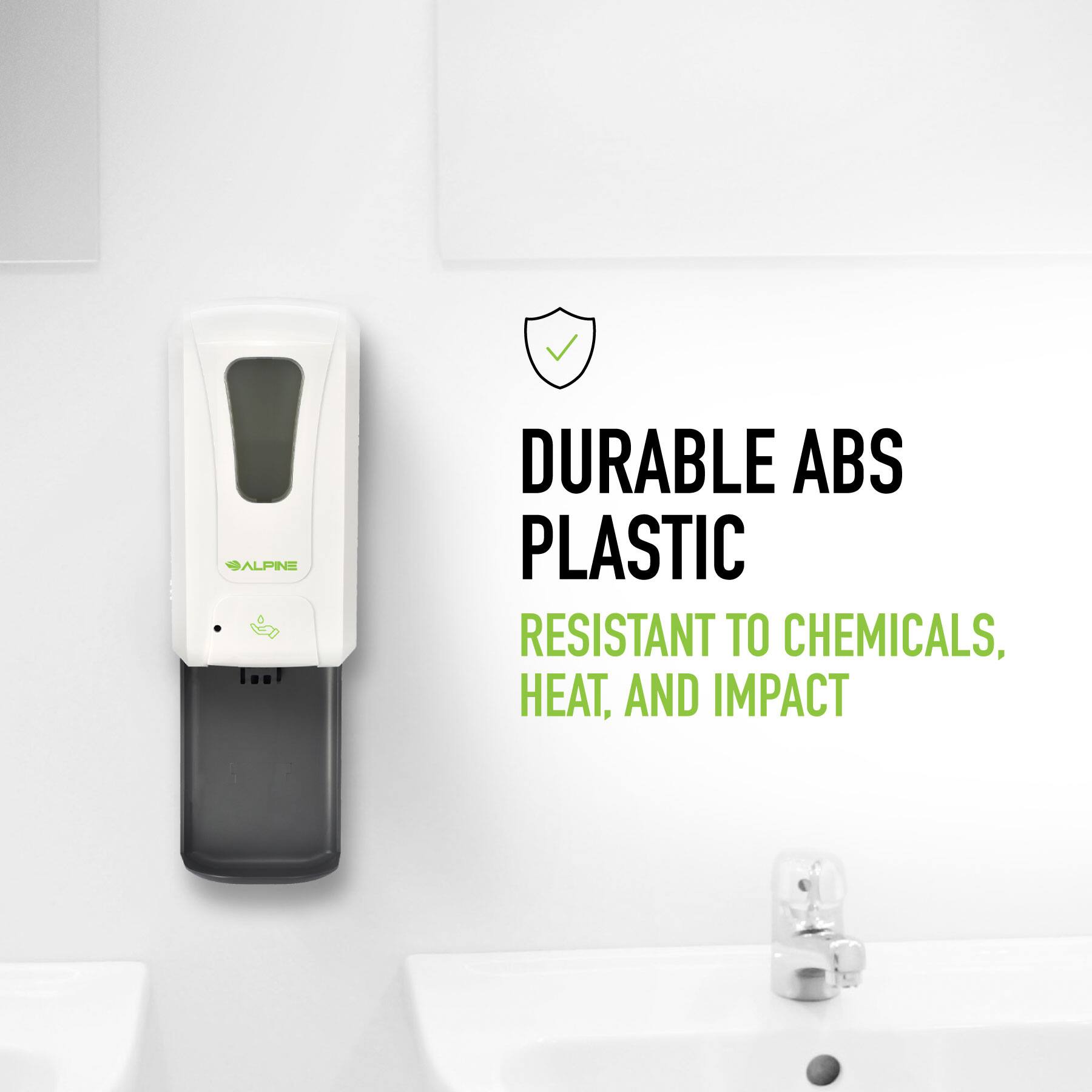 ALPINE, DURABLE ABS PLASTIC, RESISTANT TO CHEMICALS, HEAT, AND IMPACT