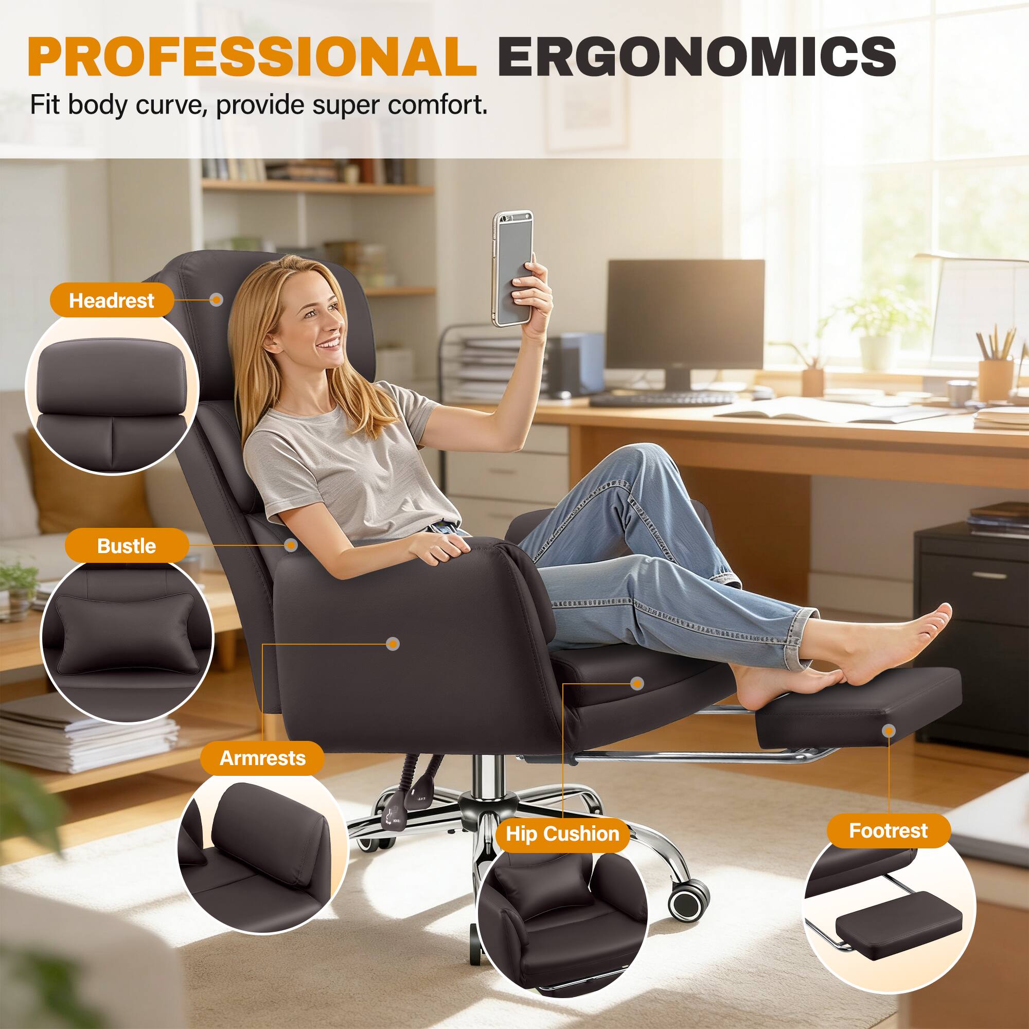 PROFESSIONAL ERGONOMICS  
Fit body curve, provide super comfort.  

- Headrest  
- Bustle  
- Armrests  
- Hip Cushion  
- Footrest