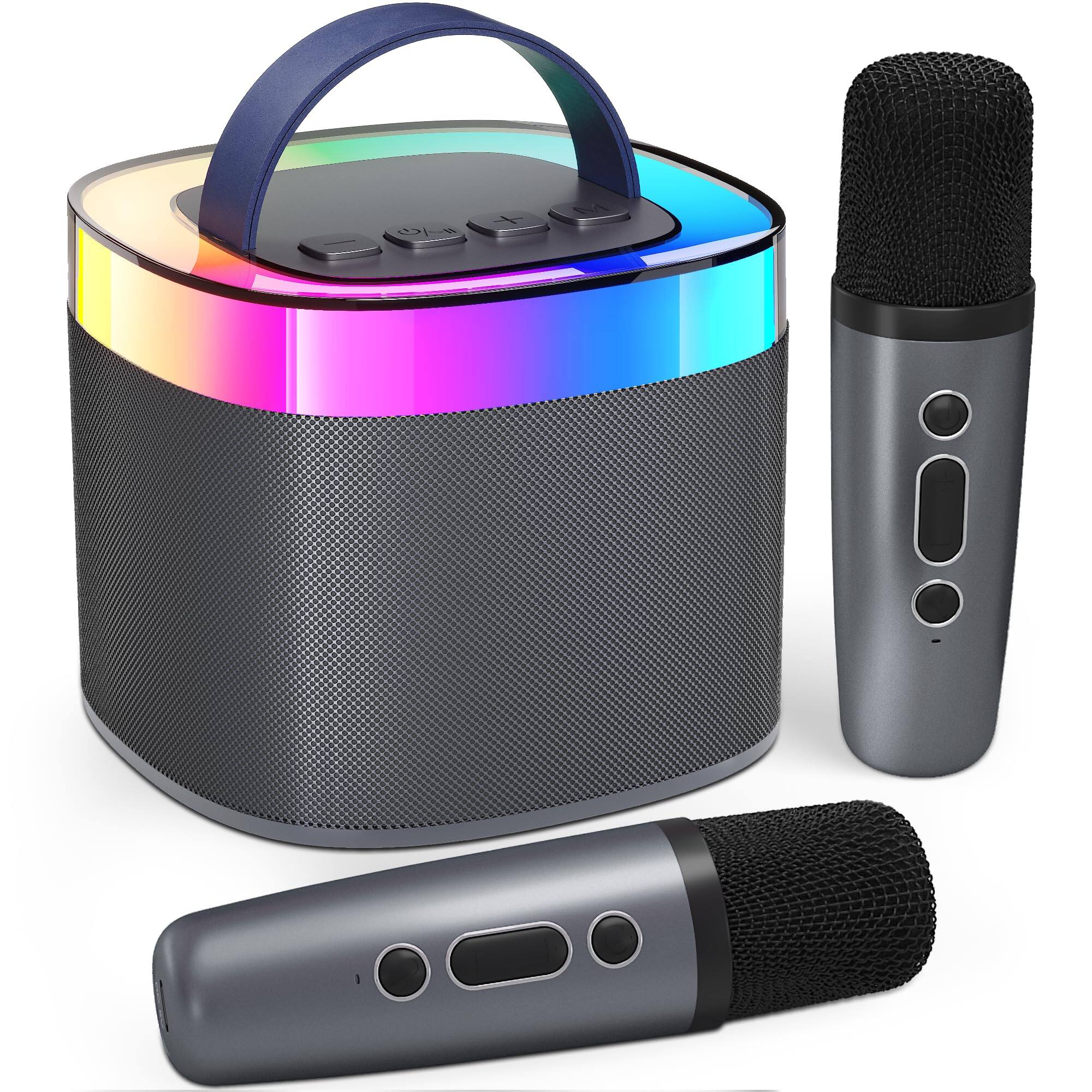 Pacoar Cade - Led Light Karaoke Machine For Adults Portable Karokee With 2 Wireless Microphones Singing Built-in Led Lights Birthday - Space Gray