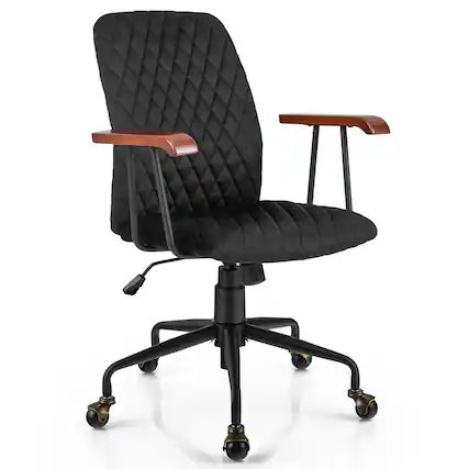 Front. Costway - Velvet Office Chair with Adjustable Swivel and Wooden Armrest - Black.